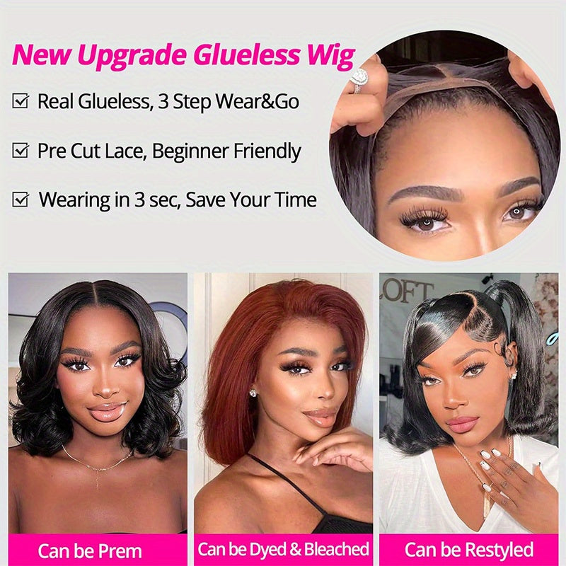 250% Density Glueless Bob Wig - Straight Lace Front Human Hair Wigs for Black Women - Pre Plucked and Pre Cut 4x4 Lace Closure - No Glue Needed for Beginners