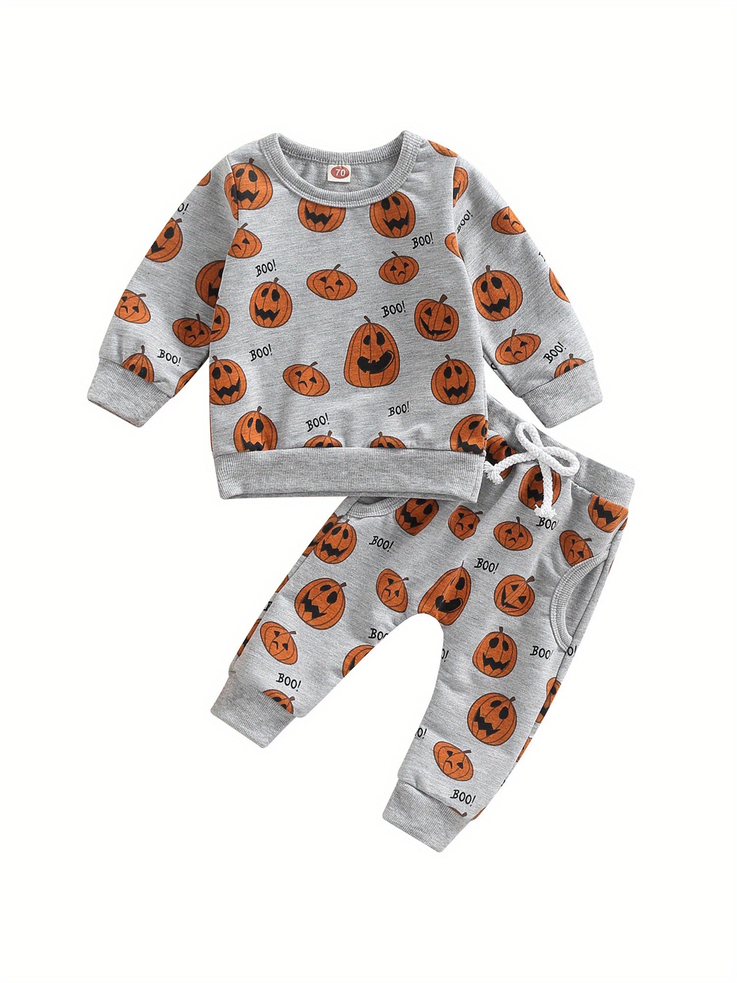 [Halloween] Toddler Baby Girl Boy Halloween Outfits Pumpkin Long Sleeve Sweatshirt Top Elastic Waist Jogger Pants Fall Winter Outfits Pumpkin Clothes 0-3T