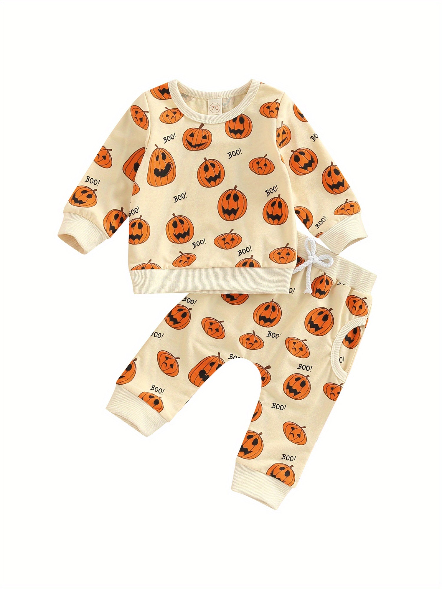 [Halloween] Toddler Baby Girl Boy Halloween Outfits Pumpkin Long Sleeve Sweatshirt Top Elastic Waist Jogger Pants Fall Winter Outfits Pumpkin Clothes 0-3T