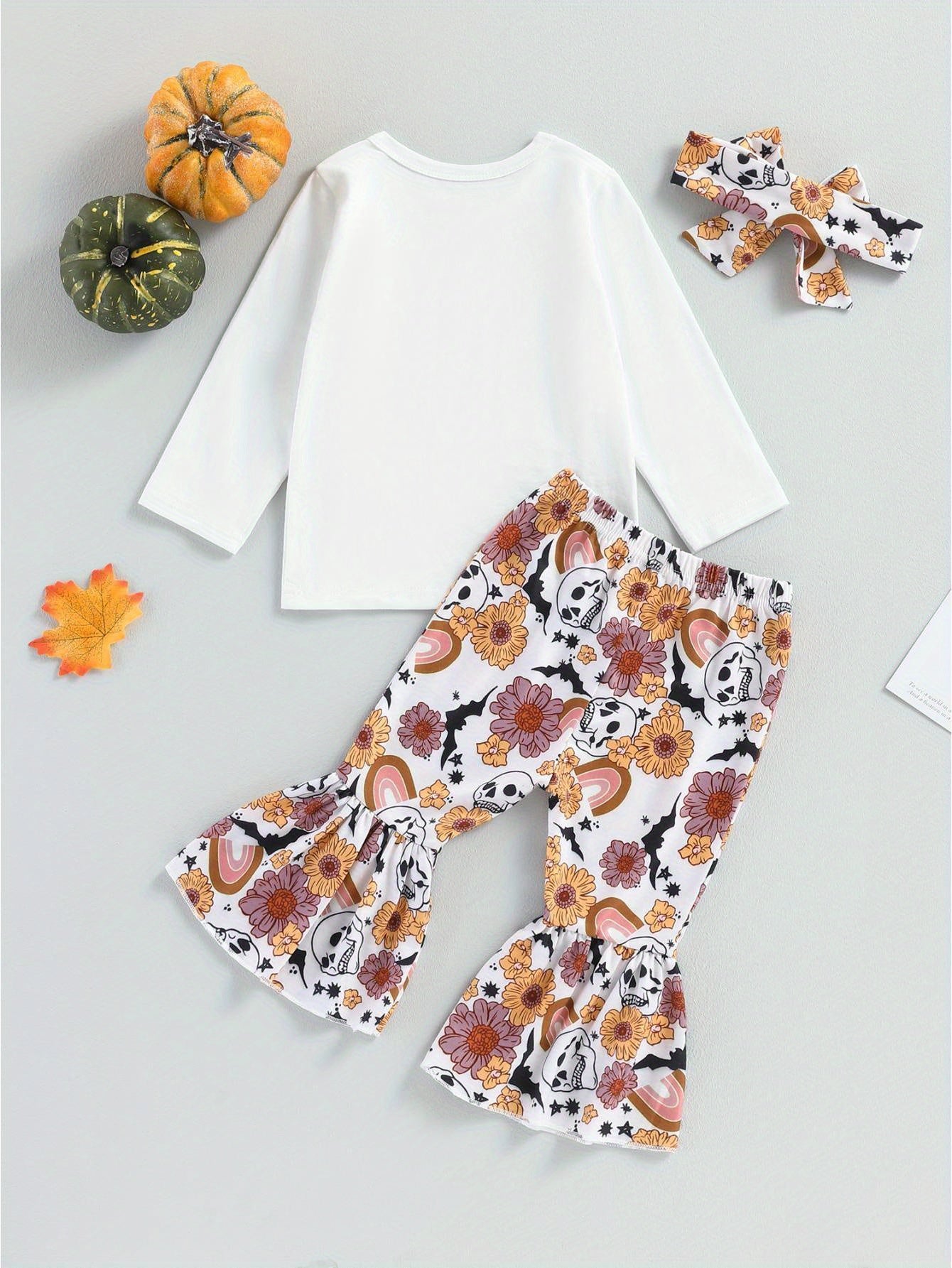 Baby Girls Halloween Clothes Letter Print Long Sleeve Tops and Pumpkin Print Flared Pants Headband Set Fall Outfits 0 6 12 18 24 Months 2-3 Years Old Kid