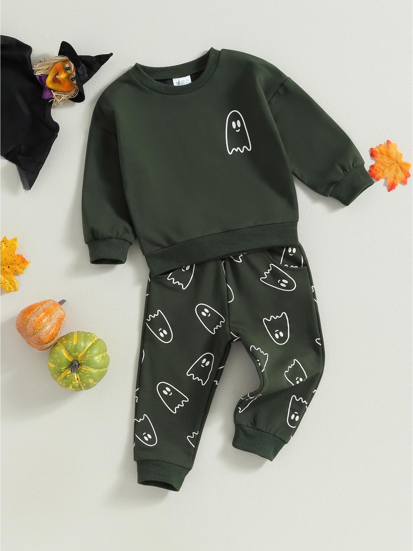 Toddler Girls Boys Fall Outfits Ghost Print Crew Neck Long Sleeve Sweatshirts and Long Pants 2Pcs Halloween Clothes Set
