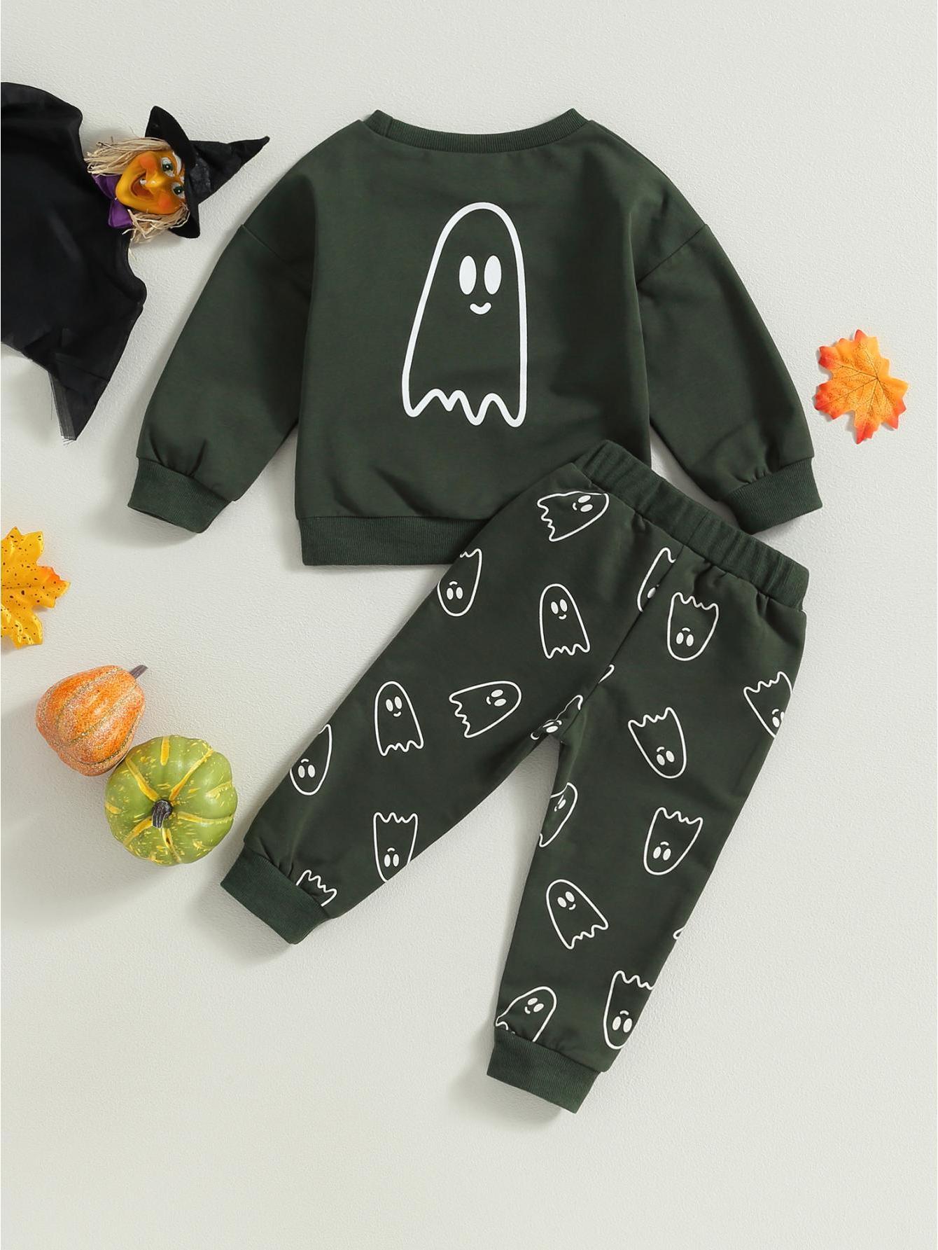 Toddler Girls Boys Fall Outfits Ghost Print Crew Neck Long Sleeve Sweatshirts and Long Pants 2Pcs Halloween Clothes Set