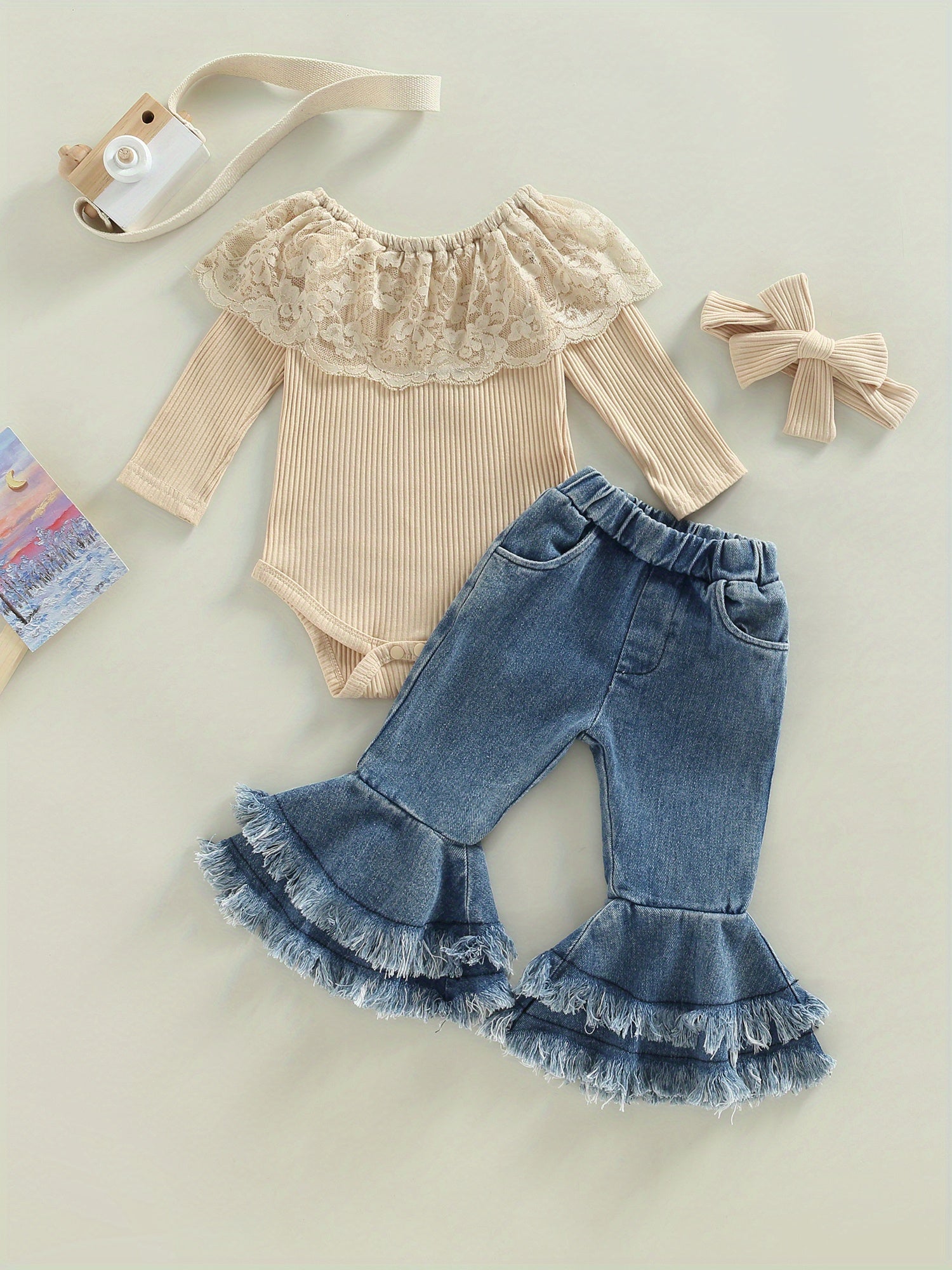 Infant Baby Girl Clothes Lace Ruffle Long Sleeve Off Shoulder Ribbed Romper Top Denim Flare Pants Headband Jeans Bell Bottoms Set Cute Fall Outfits