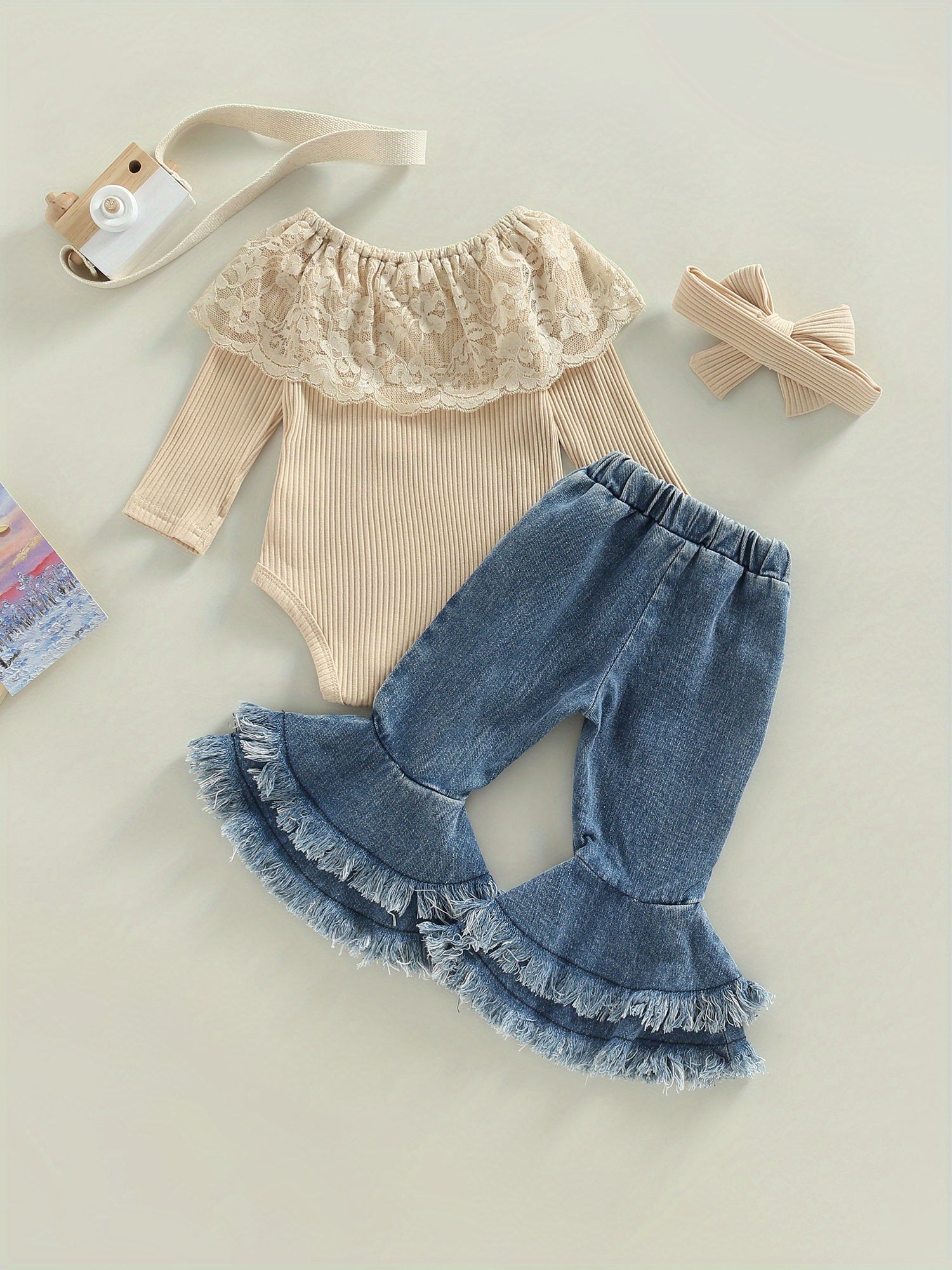 Infant Baby Girl Clothes Lace Ruffle Long Sleeve Off Shoulder Ribbed Romper Top Denim Flare Pants Headband Jeans Bell Bottoms Set Cute Fall Outfits