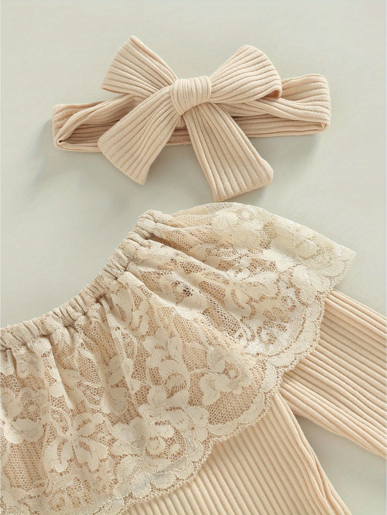 Infant Baby Girl Clothes Lace Ruffle Long Sleeve Off Shoulder Ribbed Romper Top Denim Flare Pants Headband Jeans Bell Bottoms Set Cute Fall Outfits