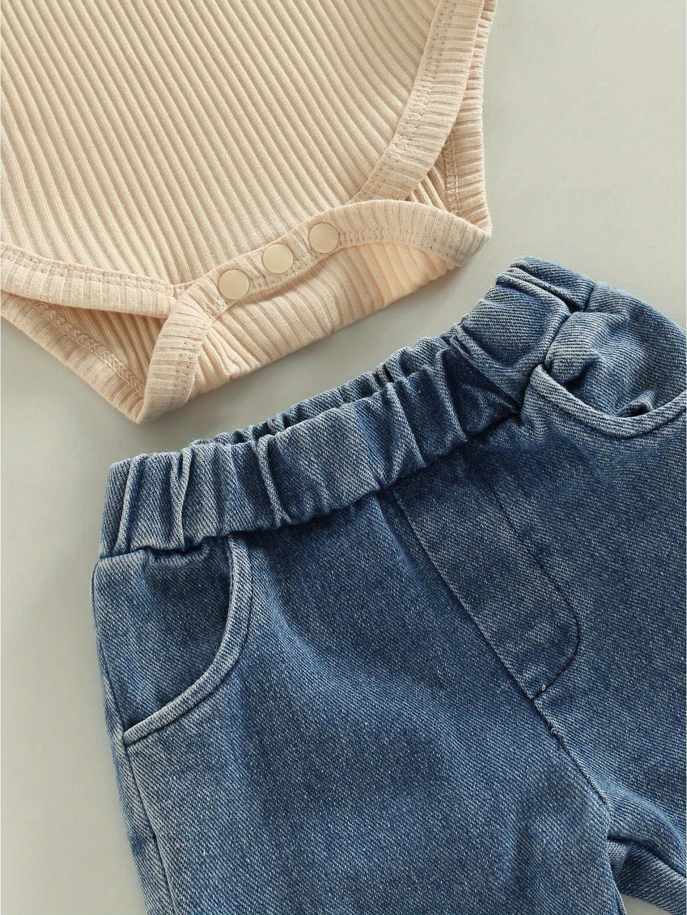 Infant Baby Girl Clothes Lace Ruffle Long Sleeve Off Shoulder Ribbed Romper Top Denim Flare Pants Headband Jeans Bell Bottoms Set Cute Fall Outfits