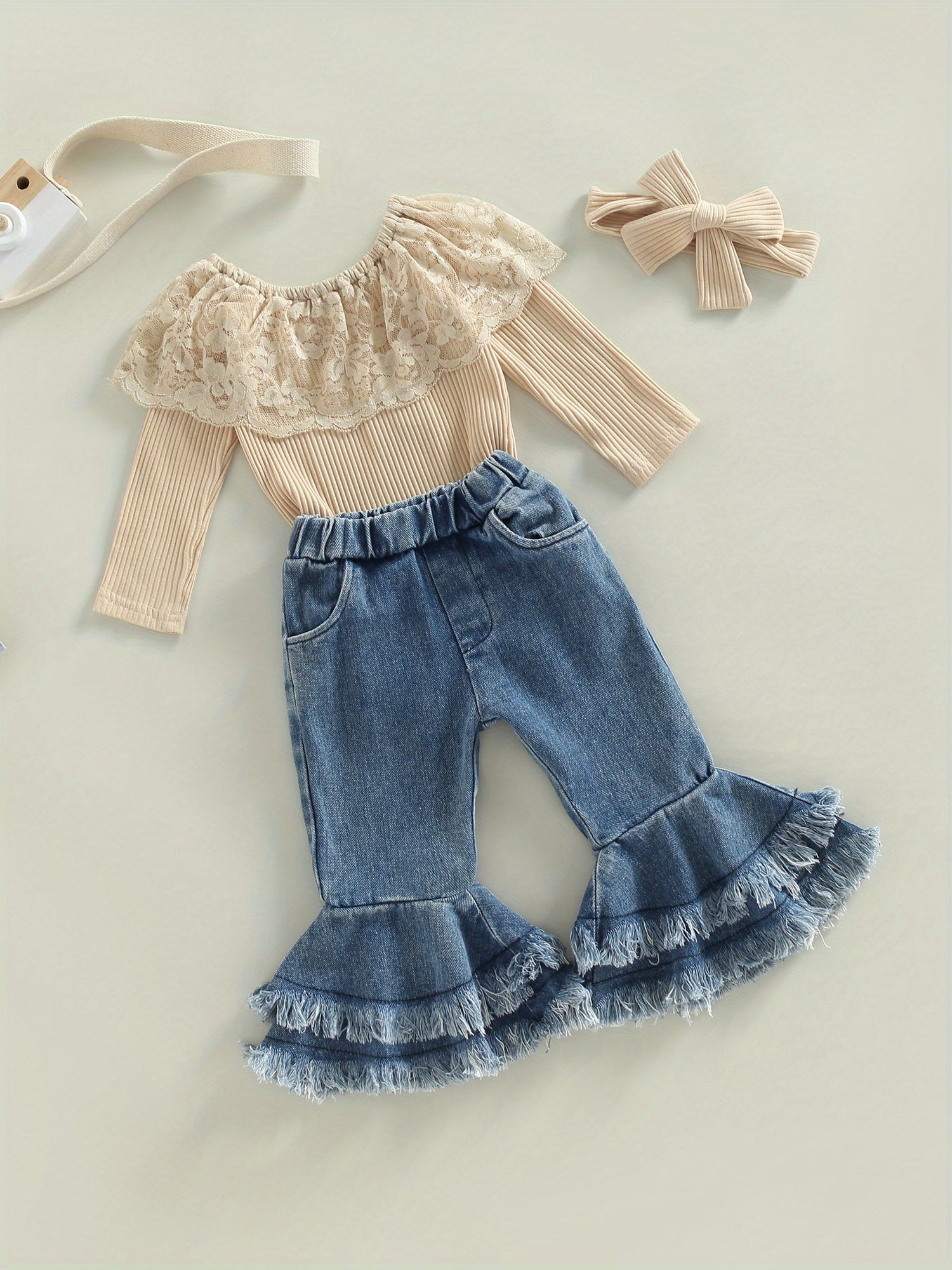 Infant Baby Girl Clothes Lace Ruffle Long Sleeve Off Shoulder Ribbed Romper Top Denim Flare Pants Headband Jeans Bell Bottoms Set Cute Fall Outfits