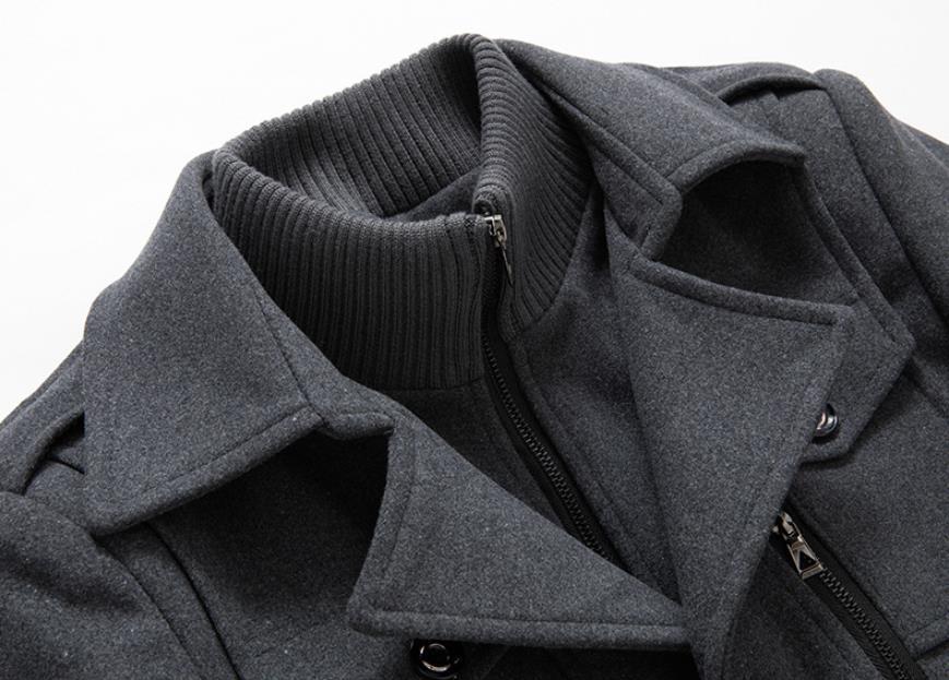 [Stylish Wool Coat] Warm and Durable Men's Coat - Stylish Double Collar Wool-Blend Mid-Length Coat with Zipper & Pockets for Business or Casual Autumn/Winter Outfits