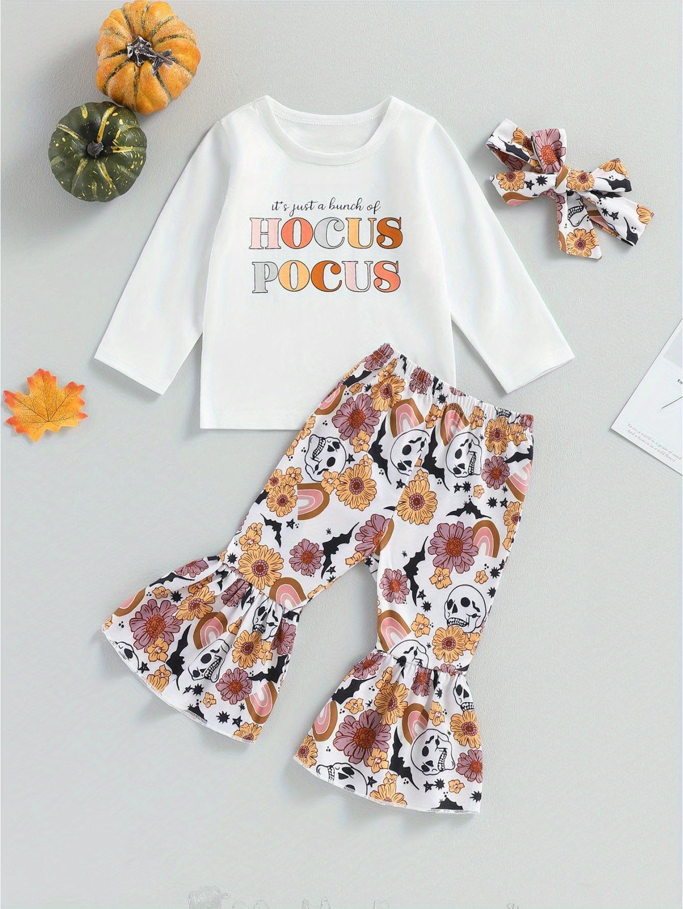 Baby Girls Halloween Clothes Letter Print Long Sleeve Tops and Pumpkin Print Flared Pants Headband Set Fall Outfits 0 6 12 18 24 Months 2-3 Years Old Kid