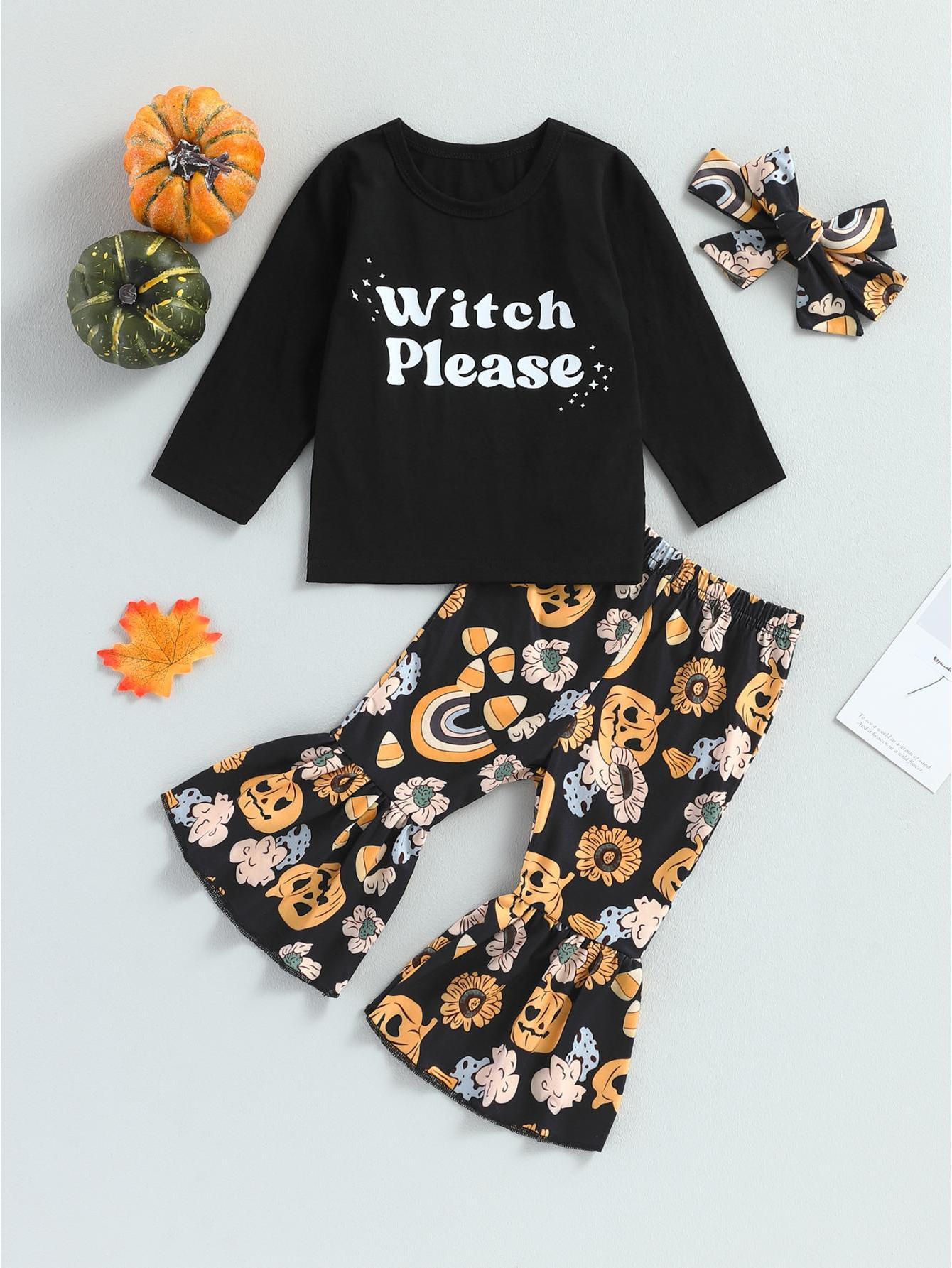 Baby Girls Halloween Clothes Letter Print Long Sleeve Tops and Pumpkin Print Flared Pants Headband Set Fall Outfits 0 6 12 18 24 Months 2-3 Years Old Kid