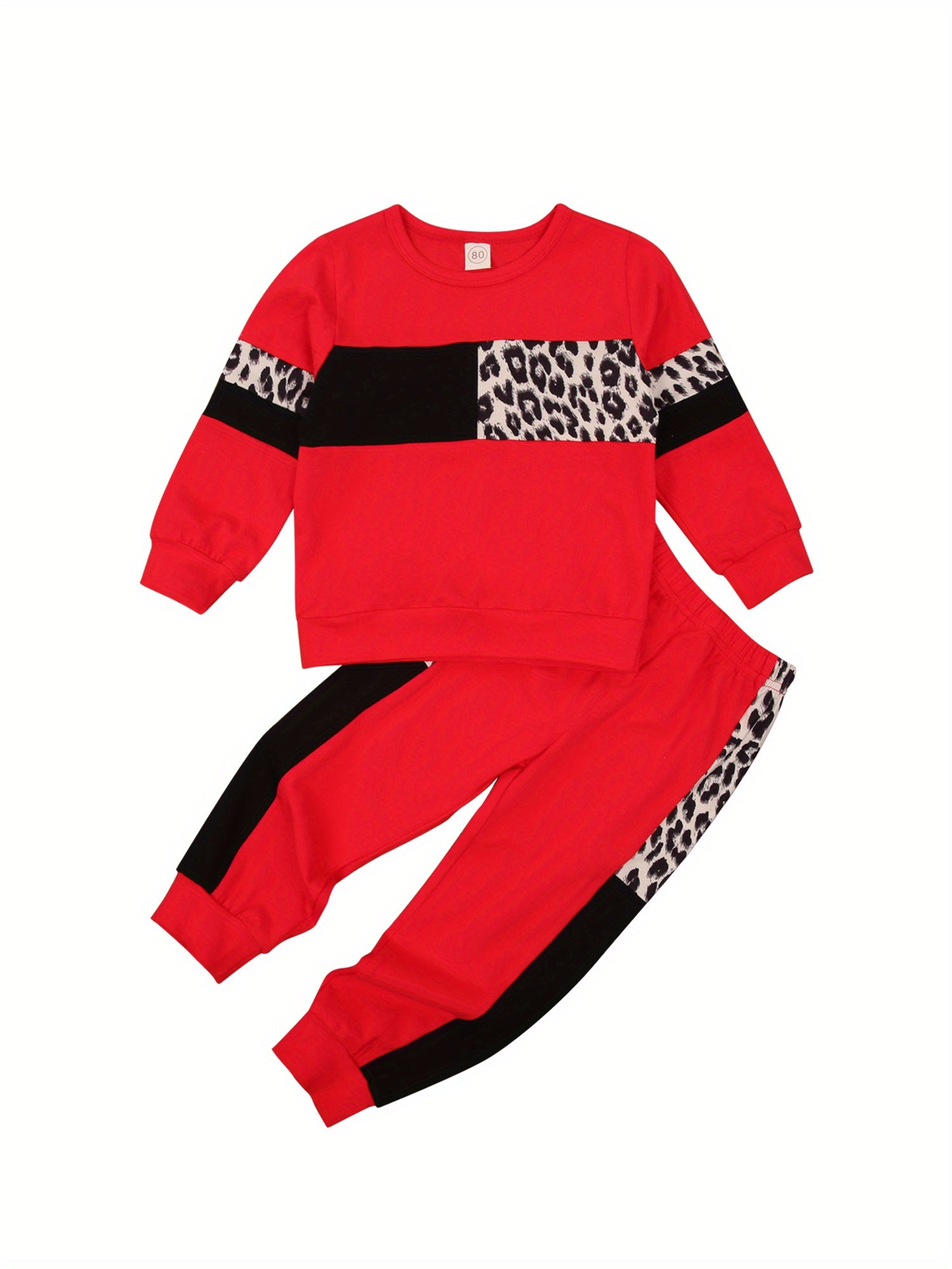 Kids Toddler Baby Boy Girl Clothes Leopard Color Block Long Sleeve Sweatshirt Pullover Tops Pants Set Sweatsuit Casual Fall Winter Outfits 2Pcs