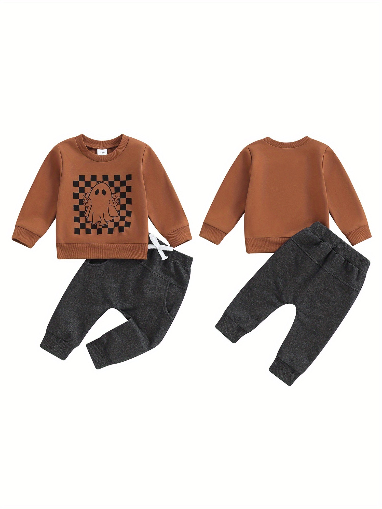 Toddler Boys Fall Outfits Checkerboard Ghost Print Crew Neck Long Sleeve Sweatshirts and Long Pants 2Pcs Halloween Clothes Set
