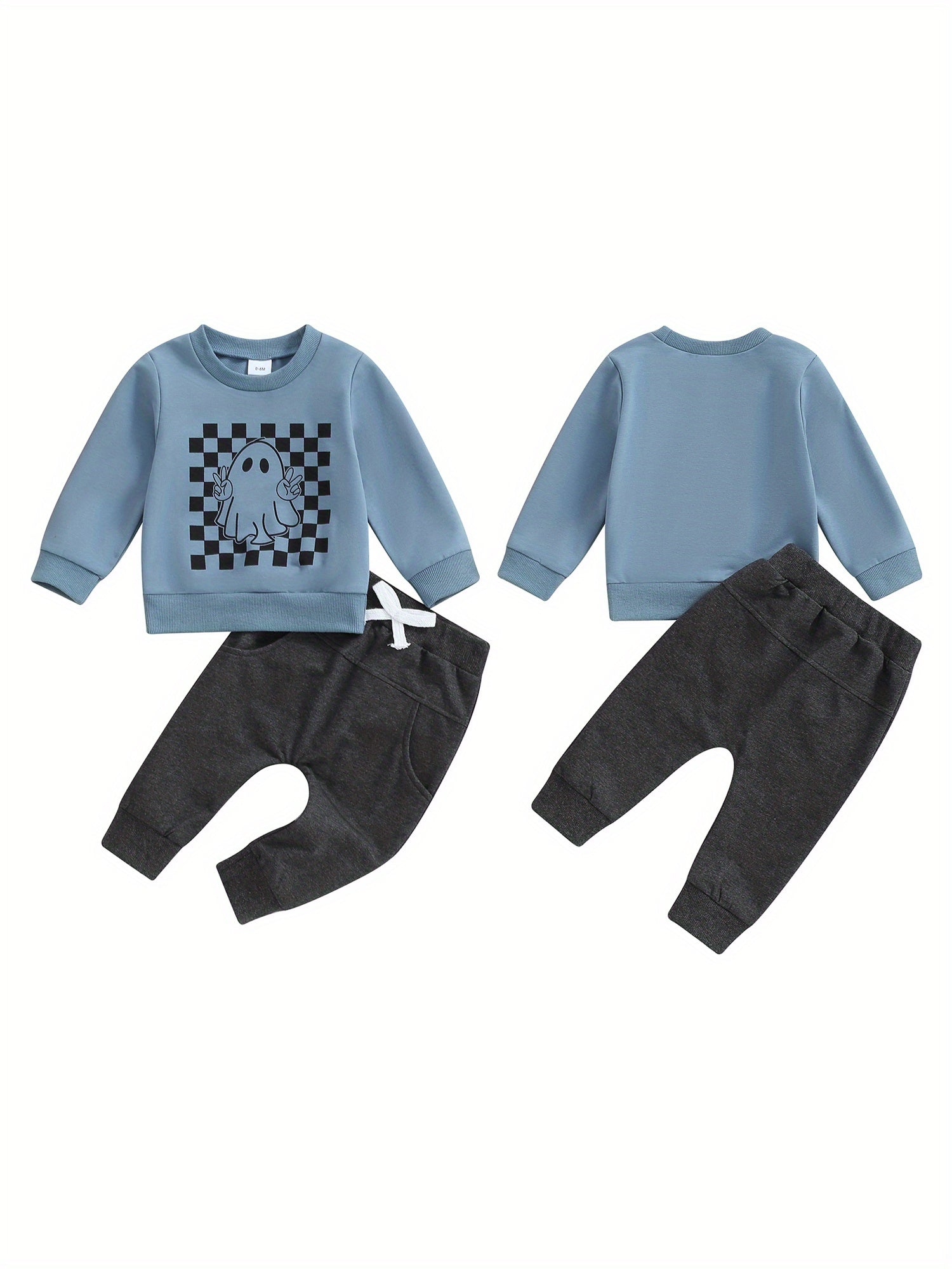 Toddler Boys Fall Outfits Checkerboard Ghost Print Crew Neck Long Sleeve Sweatshirts and Long Pants 2Pcs Halloween Clothes Set