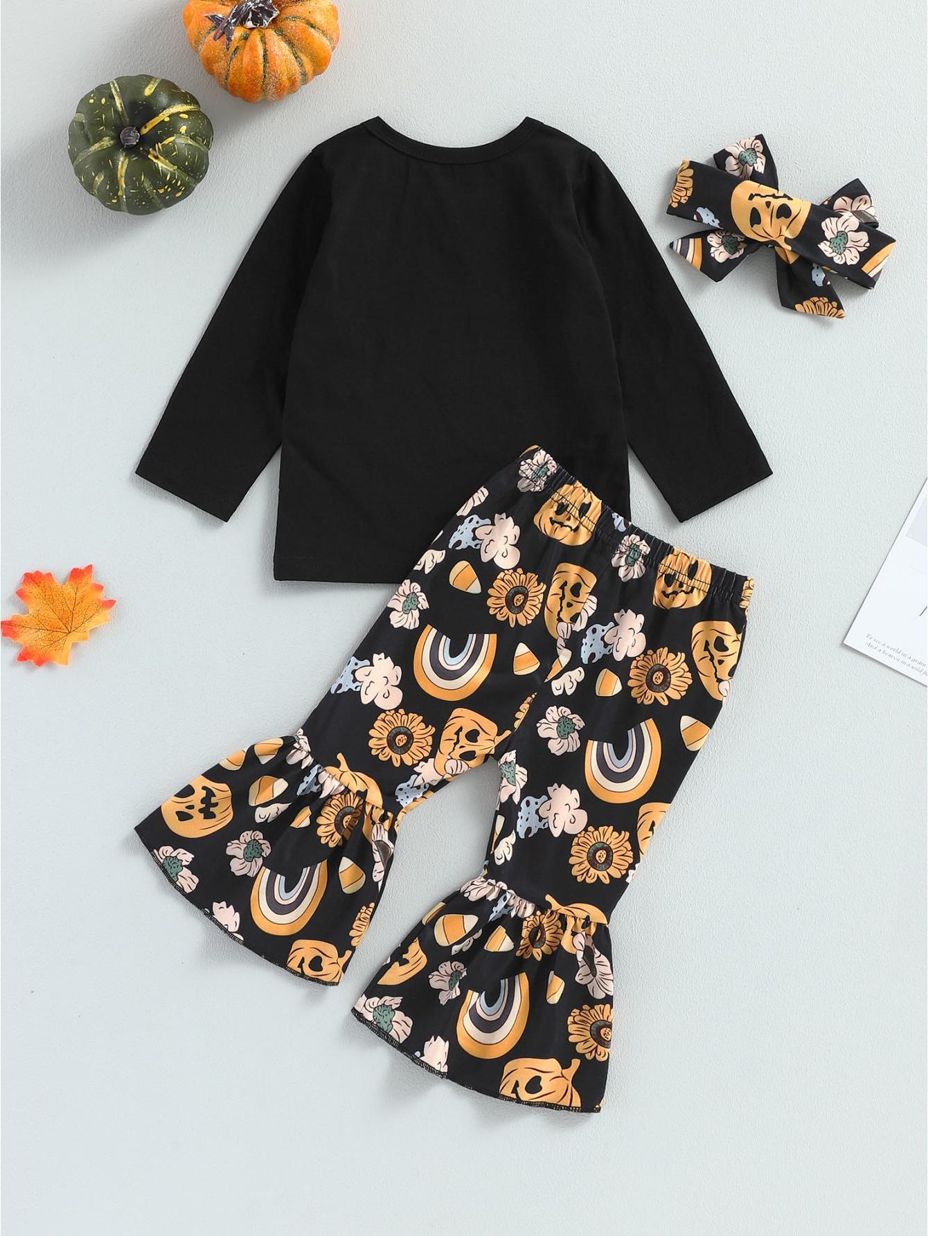 Baby Girls Halloween Clothes Letter Print Long Sleeve Tops and Pumpkin Print Flared Pants Headband Set Fall Outfits 0 6 12 18 24 Months 2-3 Years Old Kid