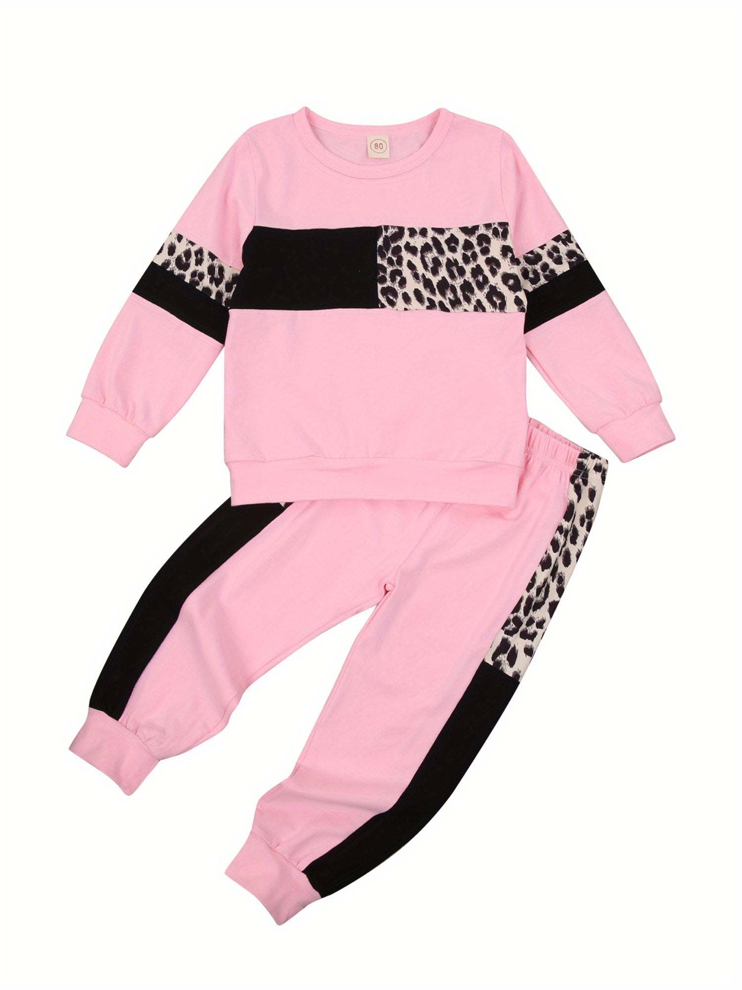 Kids Toddler Baby Boy Girl Clothes Leopard Color Block Long Sleeve Sweatshirt Pullover Tops Pants Set Sweatsuit Casual Fall Winter Outfits 2Pcs