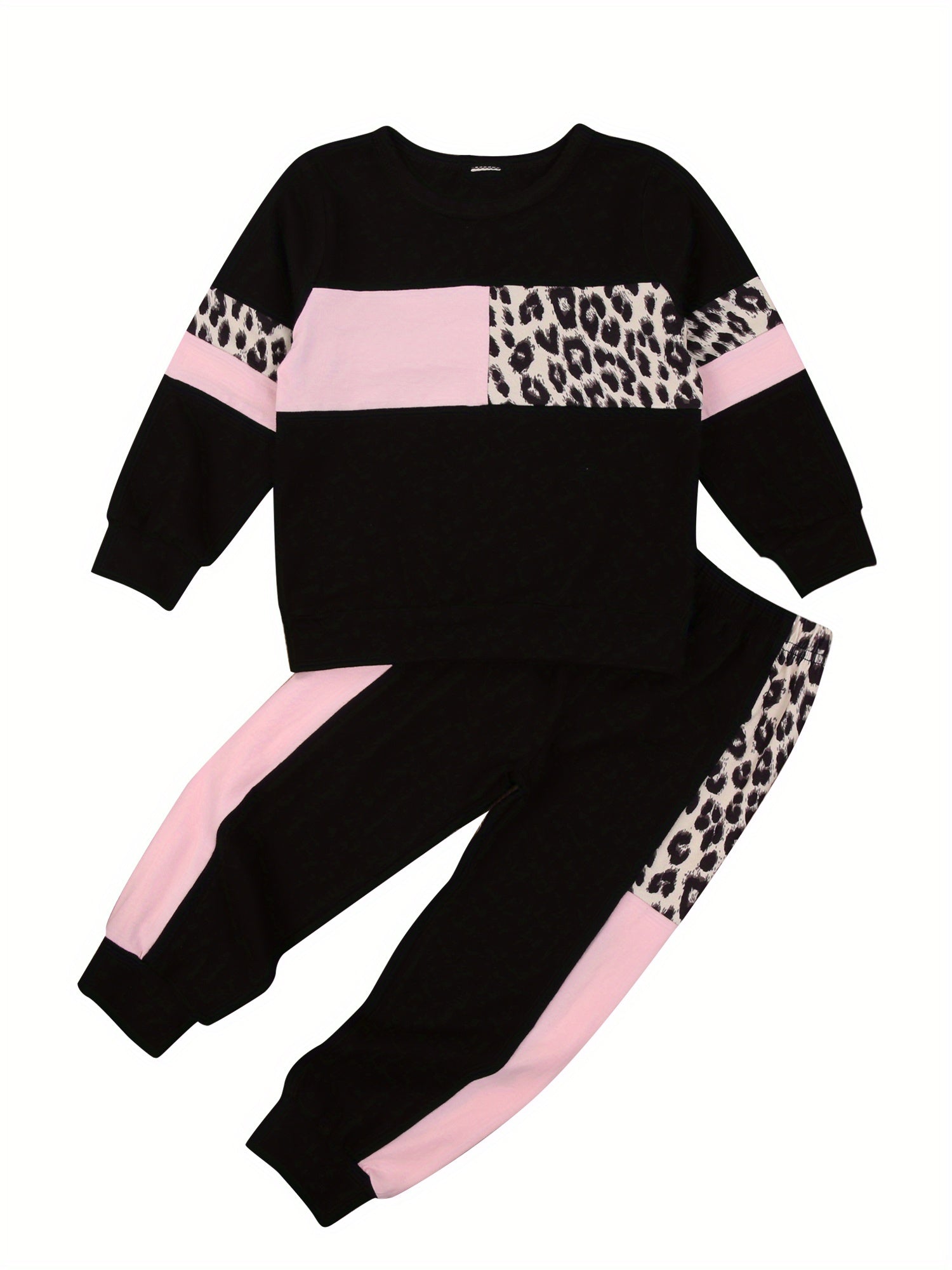 Kids Toddler Baby Boy Girl Clothes Leopard Color Block Long Sleeve Sweatshirt Pullover Tops Pants Set Sweatsuit Casual Fall Winter Outfits 2Pcs