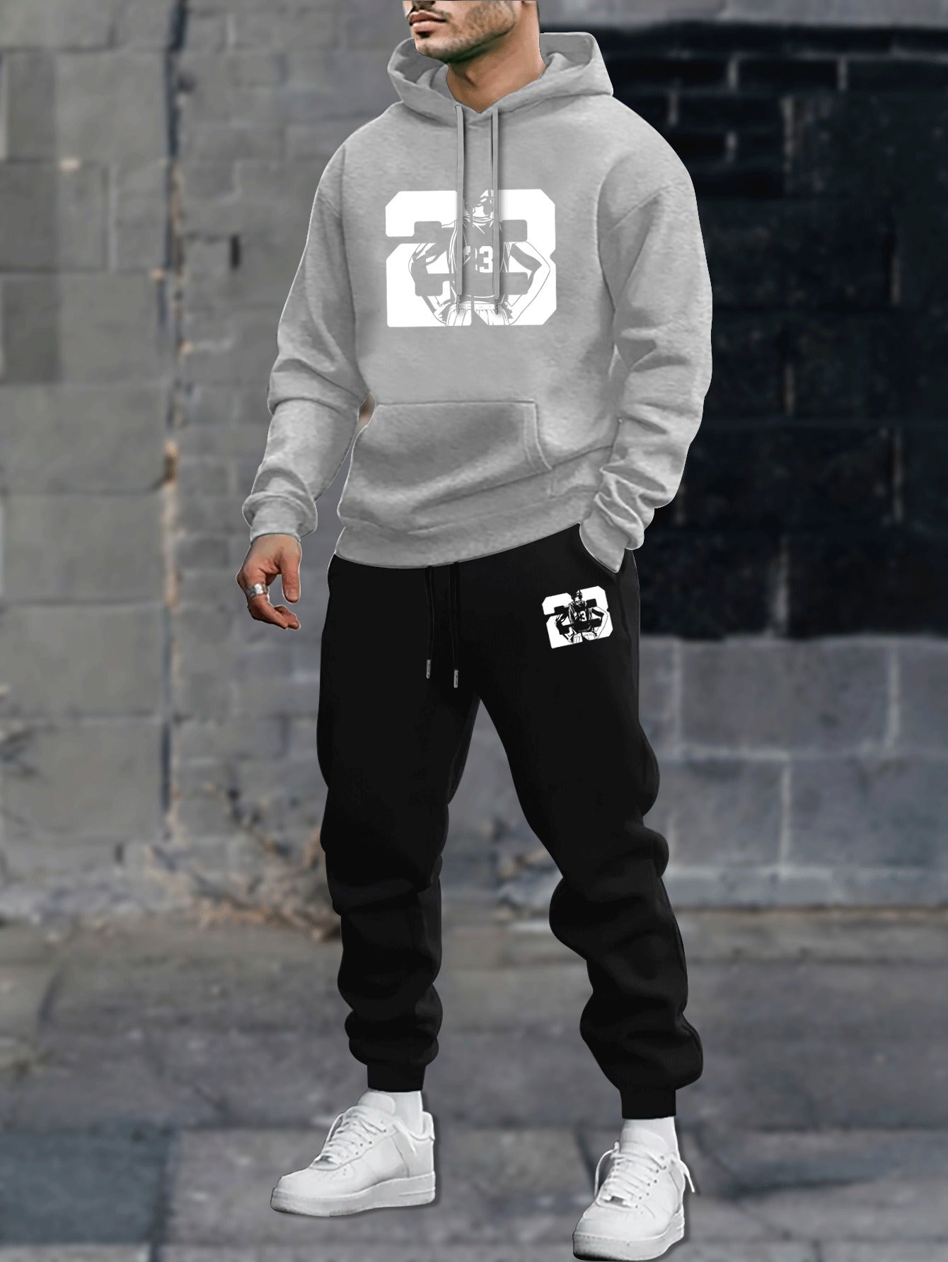 2pcs Men's Co-ord Set - Long Sleeves Hoodie & Sweatpants, Casual Comfy Style, Spring Autumn Winter Outfits Clothing with Silhouette Design No.23