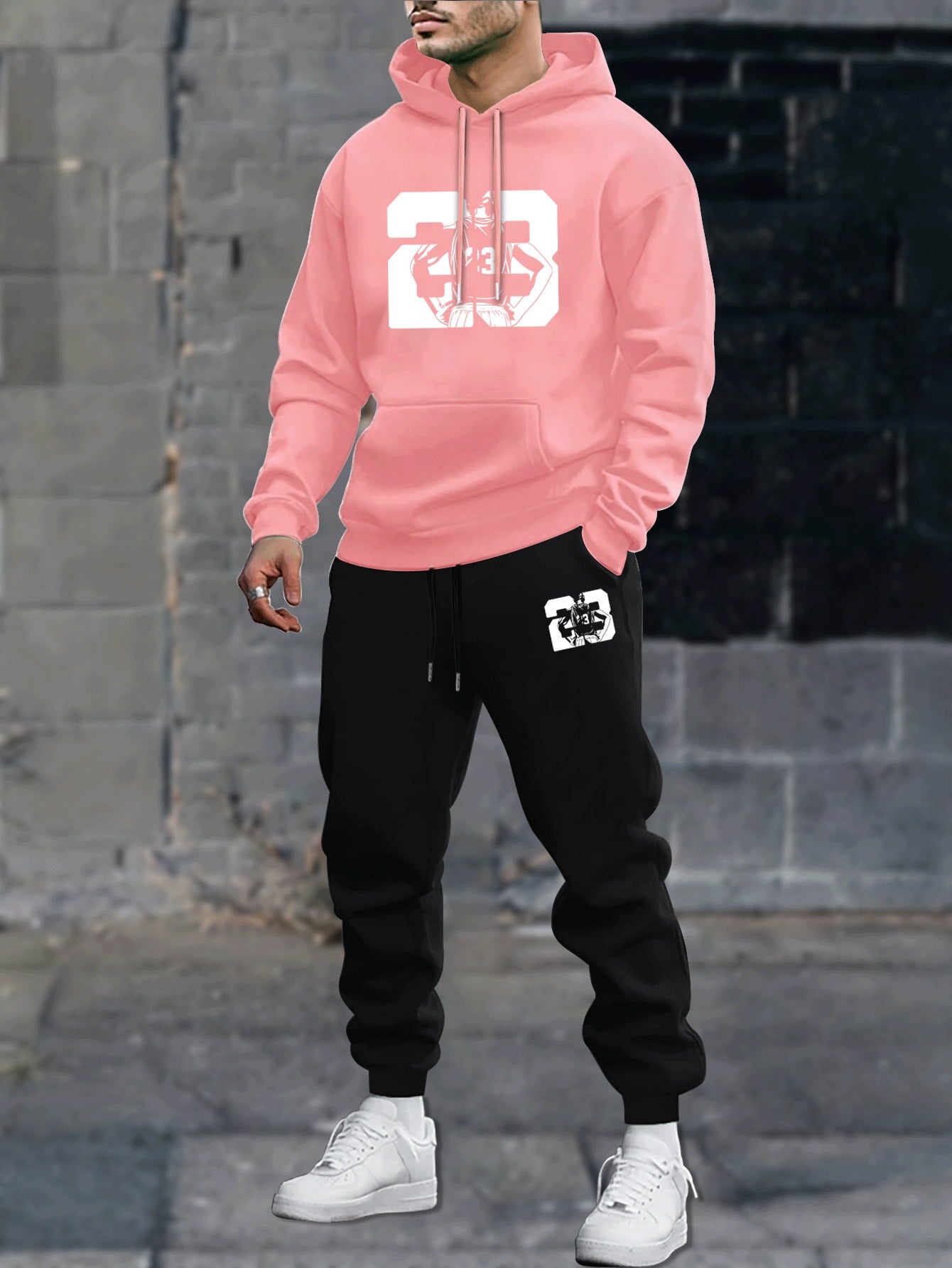 2pcs Men's Co-ord Set - Long Sleeves Hoodie & Sweatpants, Casual Comfy Style, Spring Autumn Winter Outfits Clothing with Silhouette Design No.23