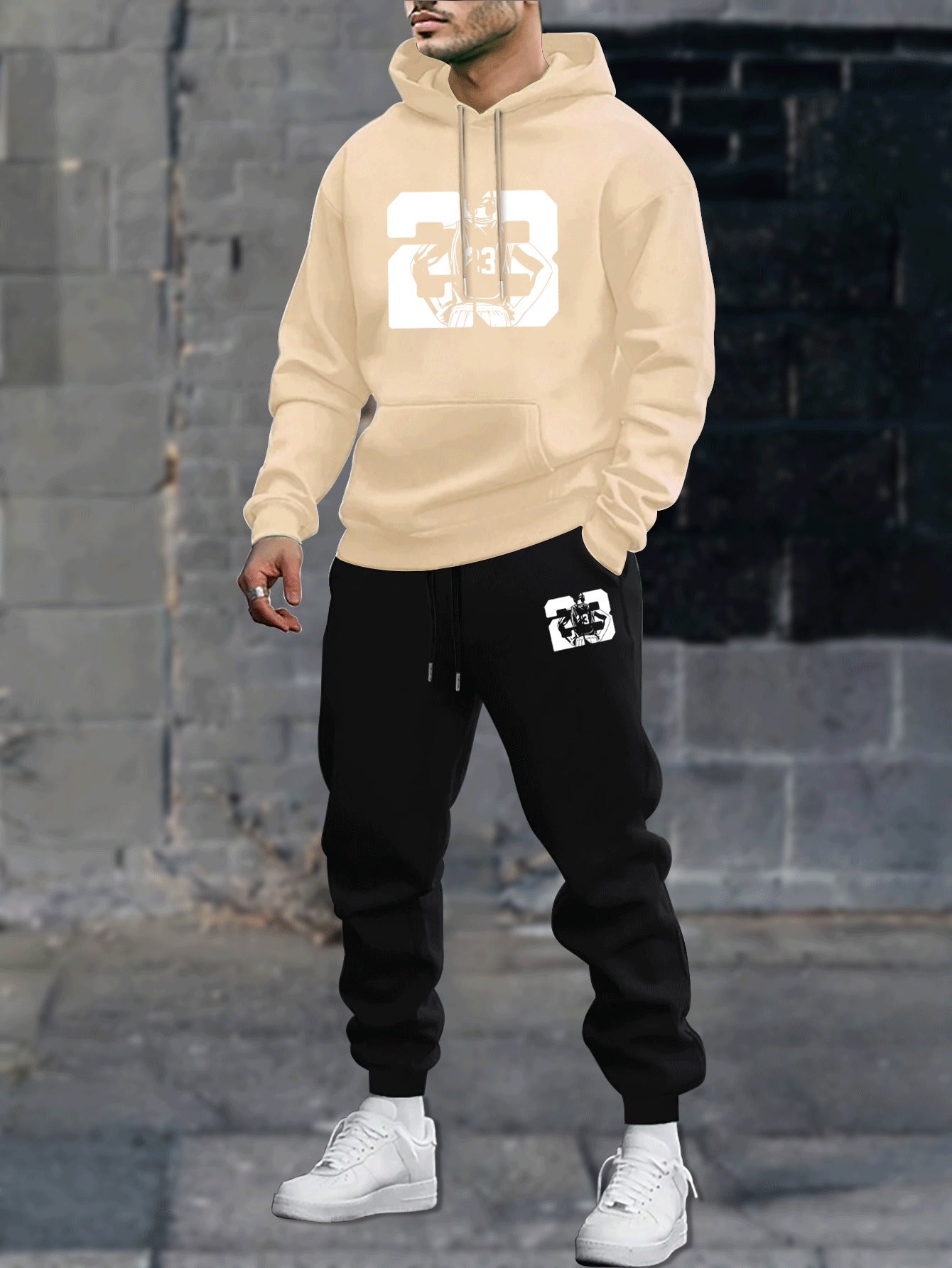 2pcs Men's Co-ord Set - Long Sleeves Hoodie & Sweatpants, Casual Comfy Style, Spring Autumn Winter Outfits Clothing with Silhouette Design No.23