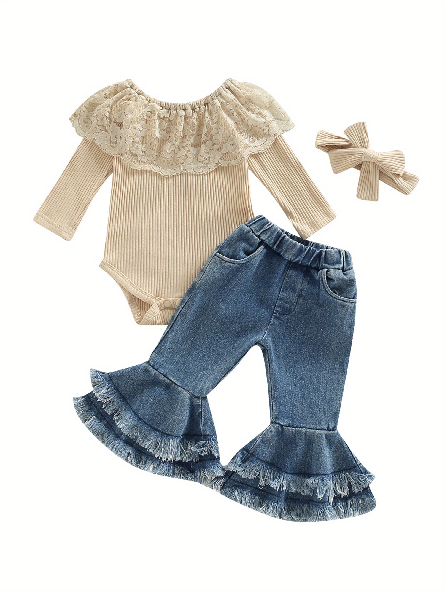 Infant Baby Girl Clothes Lace Ruffle Long Sleeve Off Shoulder Ribbed Romper Top Denim Flare Pants Headband Jeans Bell Bottoms Set Cute Fall Outfits