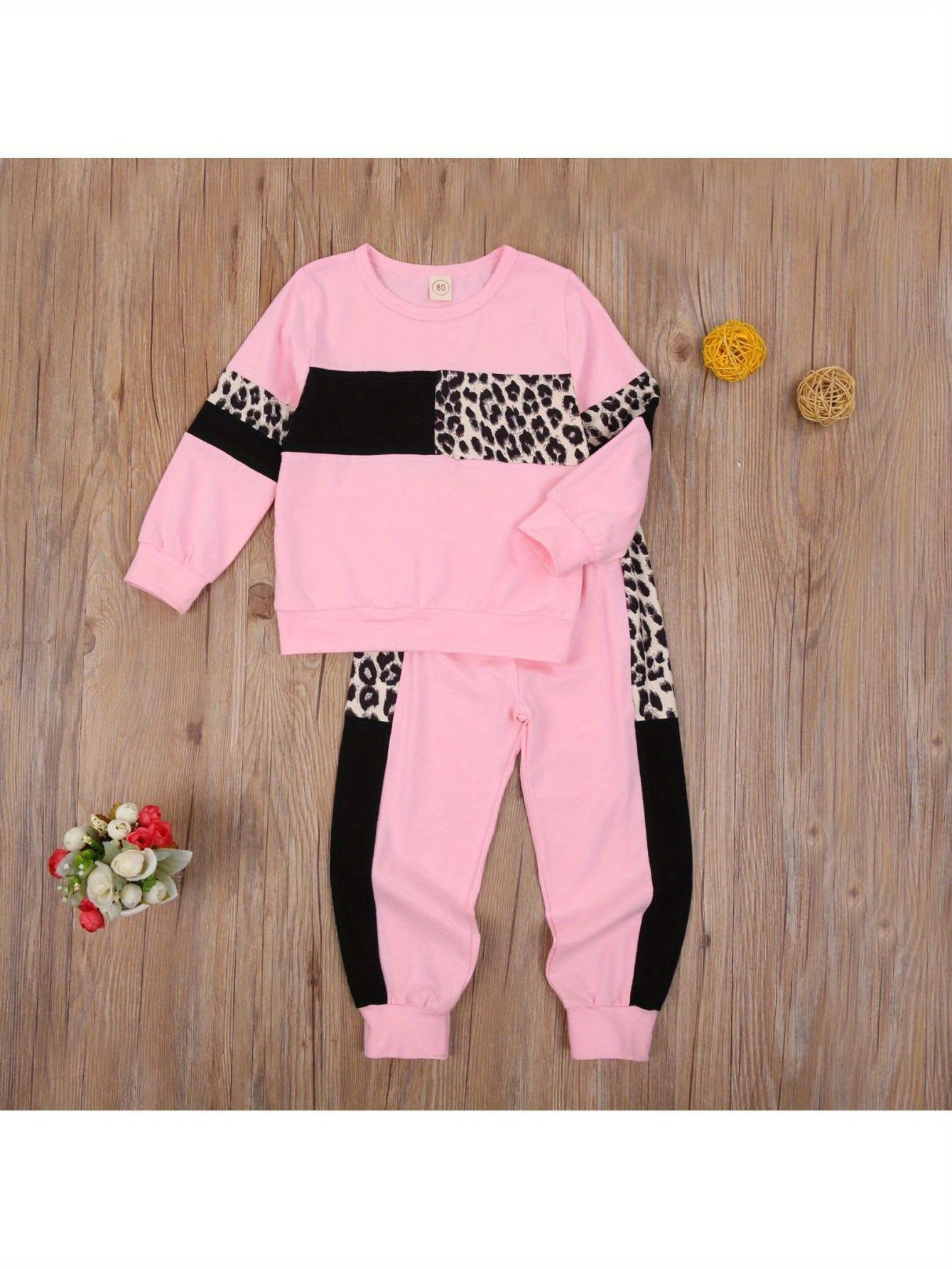 Kids Toddler Baby Boy Girl Clothes Leopard Color Block Long Sleeve Sweatshirt Pullover Tops Pants Set Sweatsuit Casual Fall Winter Outfits 2Pcs
