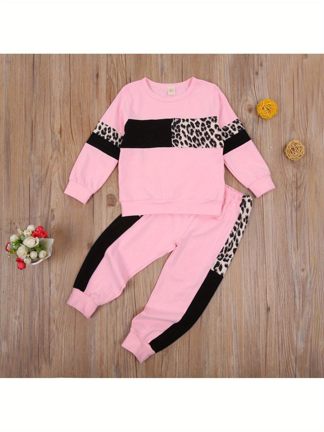 Kids Toddler Baby Boy Girl Clothes Leopard Color Block Long Sleeve Sweatshirt Pullover Tops Pants Set Sweatsuit Casual Fall Winter Outfits 2Pcs
