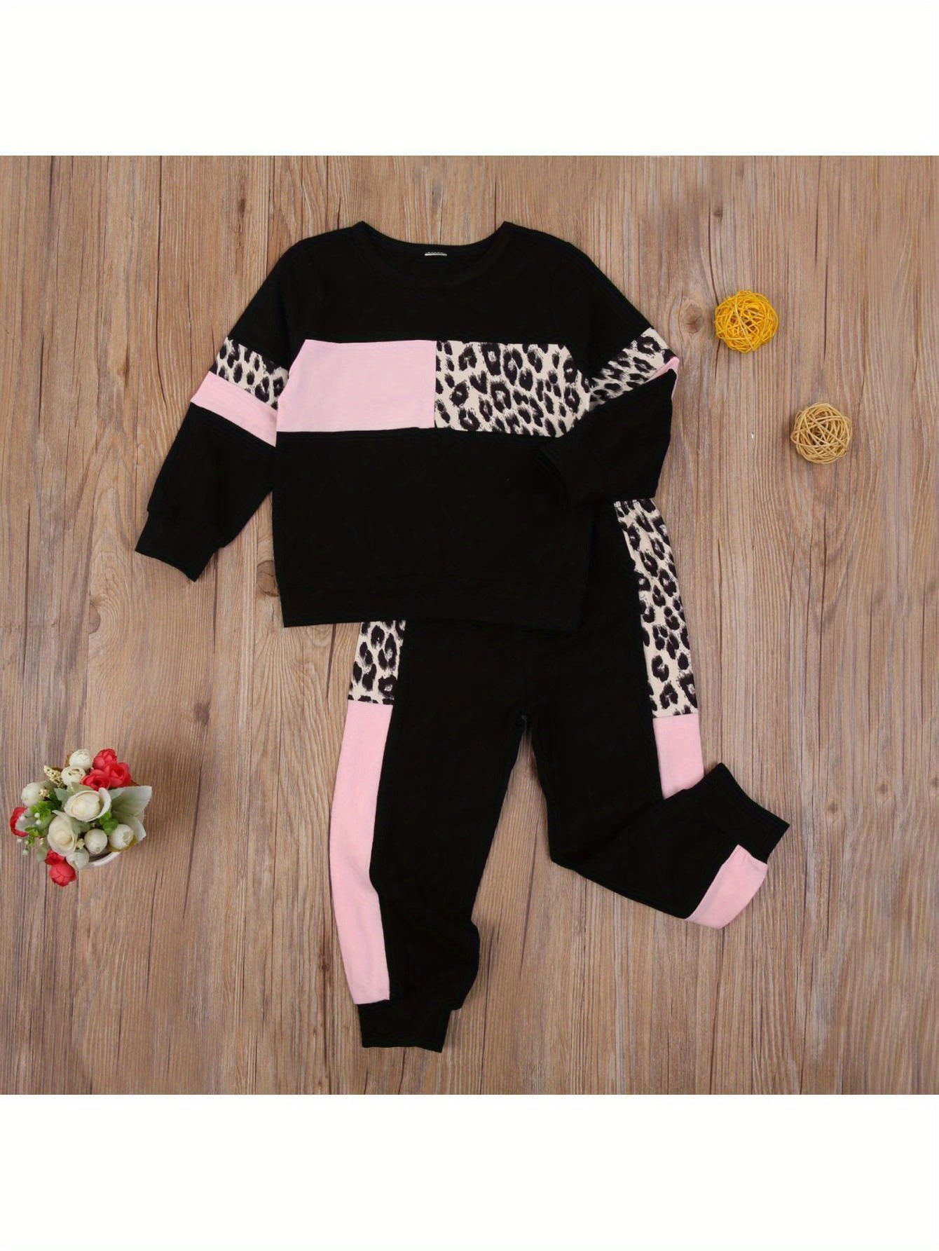 Kids Toddler Baby Boy Girl Clothes Leopard Color Block Long Sleeve Sweatshirt Pullover Tops Pants Set Sweatsuit Casual Fall Winter Outfits 2Pcs