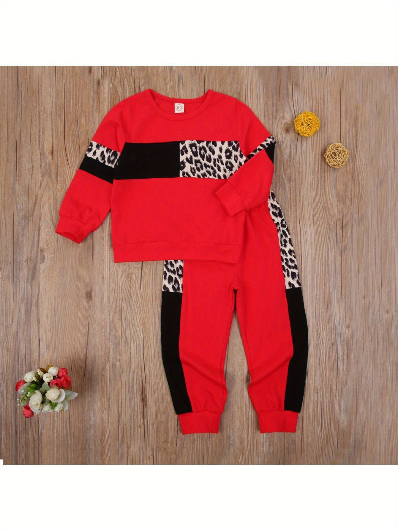 Kids Toddler Baby Boy Girl Clothes Leopard Color Block Long Sleeve Sweatshirt Pullover Tops Pants Set Sweatsuit Casual Fall Winter Outfits 2Pcs
