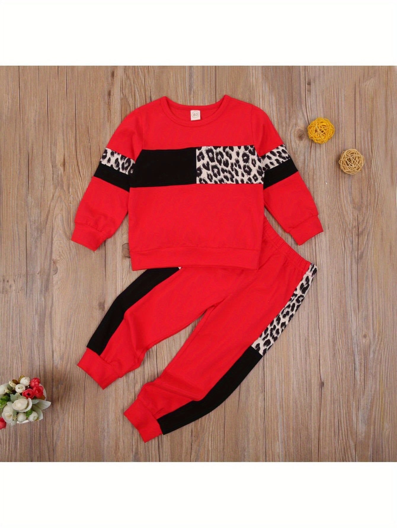 Kids Toddler Baby Boy Girl Clothes Leopard Color Block Long Sleeve Sweatshirt Pullover Tops Pants Set Sweatsuit Casual Fall Winter Outfits 2Pcs