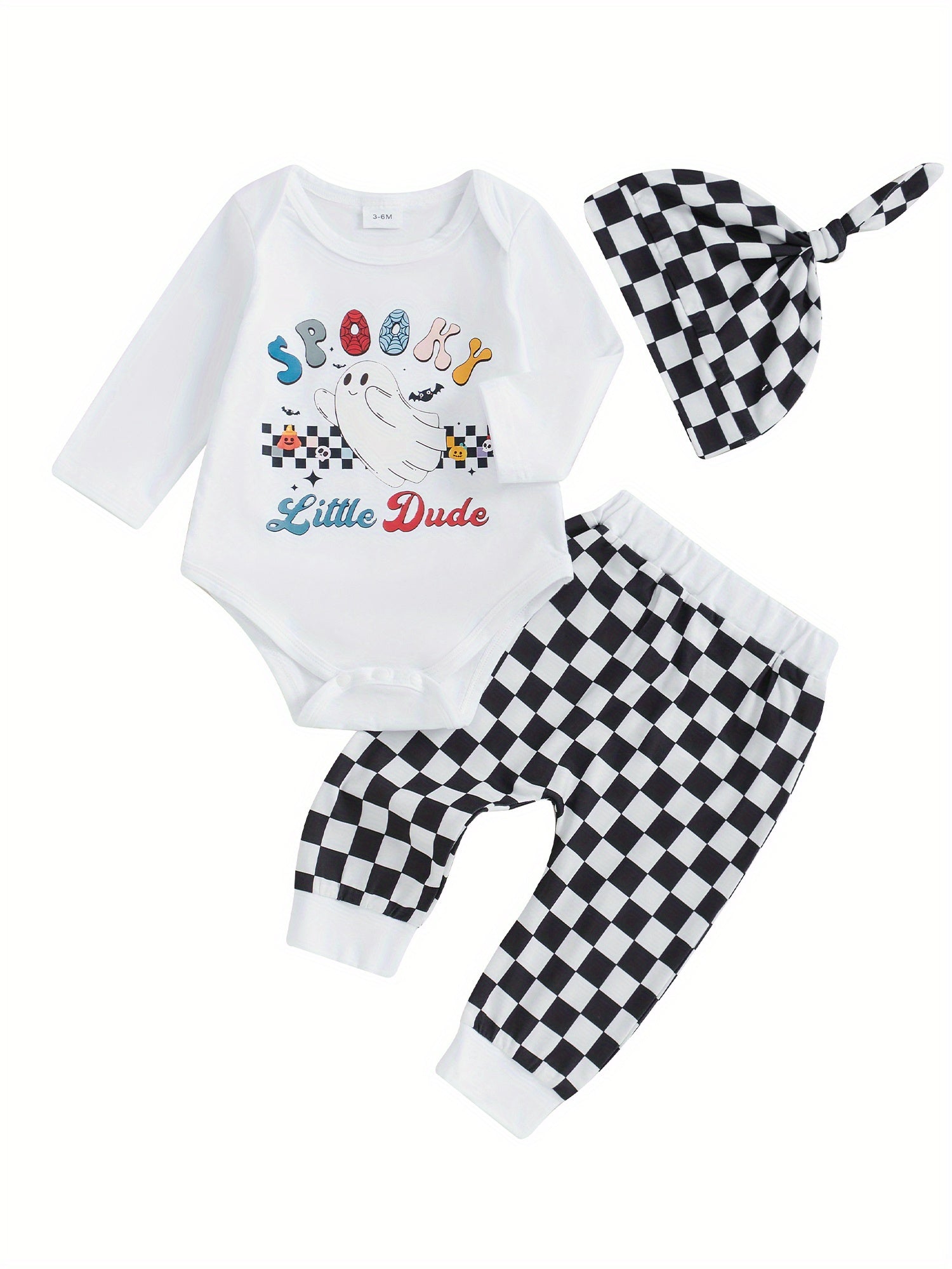 3-Piece Baby Toddler Boy Halloween Clothing Set Letter Ghost Print Long Sleeve Romper Checkered Long Pants Hat Fall Outfits