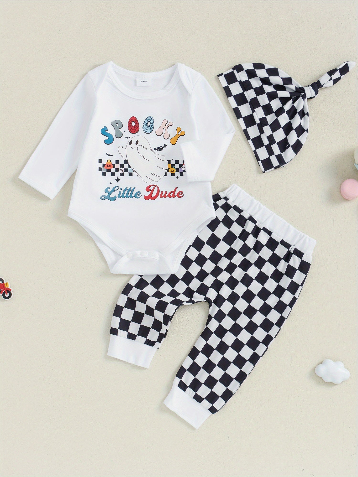 3-Piece Baby Toddler Boy Halloween Clothing Set Letter Ghost Print Long Sleeve Romper Checkered Long Pants Hat Fall Outfits