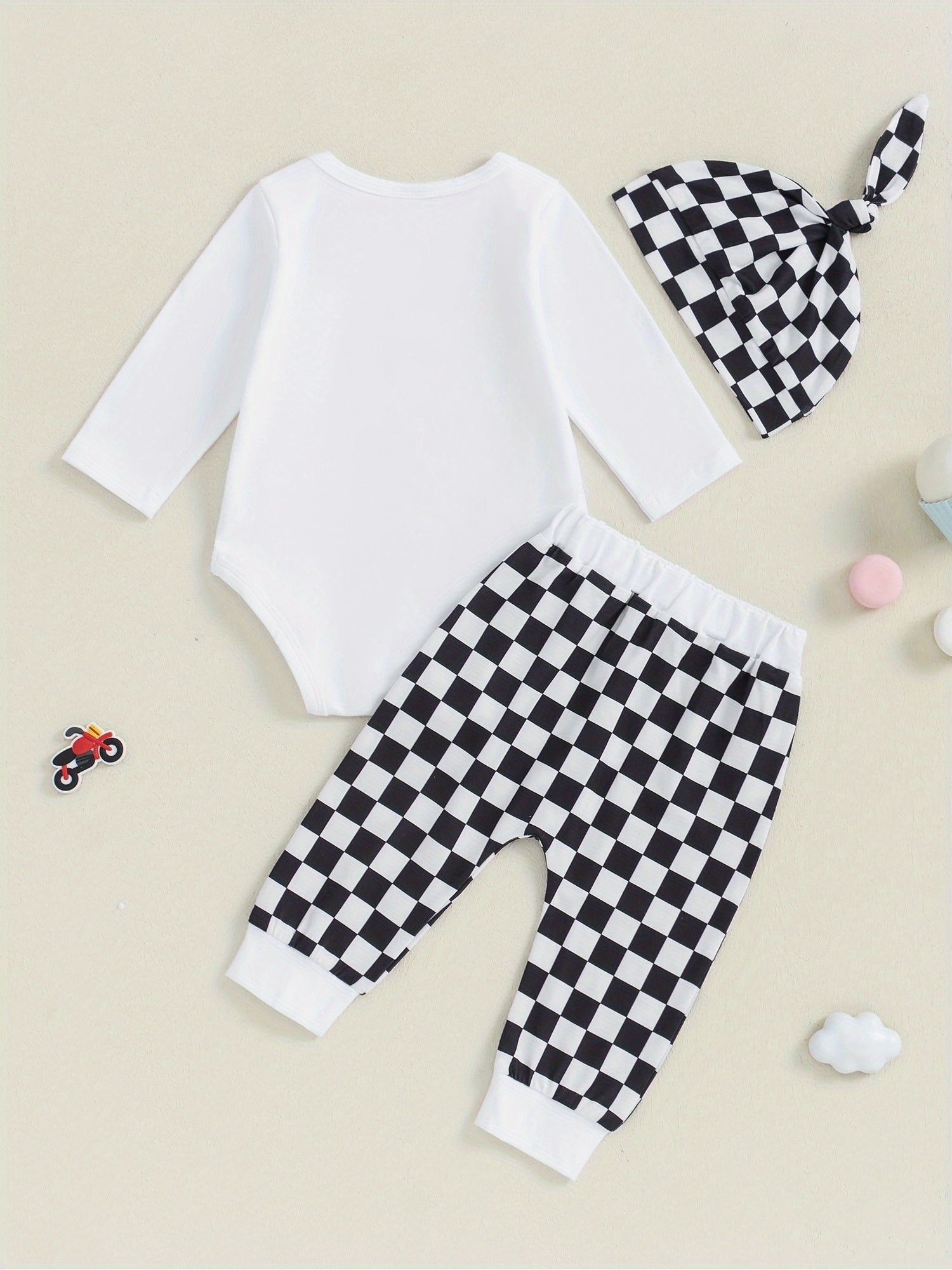 3-Piece Baby Toddler Boy Halloween Clothing Set Letter Ghost Print Long Sleeve Romper Checkered Long Pants Hat Fall Outfits