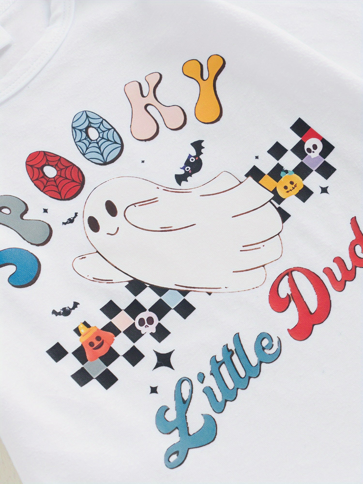 3-Piece Baby Toddler Boy Halloween Clothing Set Letter Ghost Print Long Sleeve Romper Checkered Long Pants Hat Fall Outfits