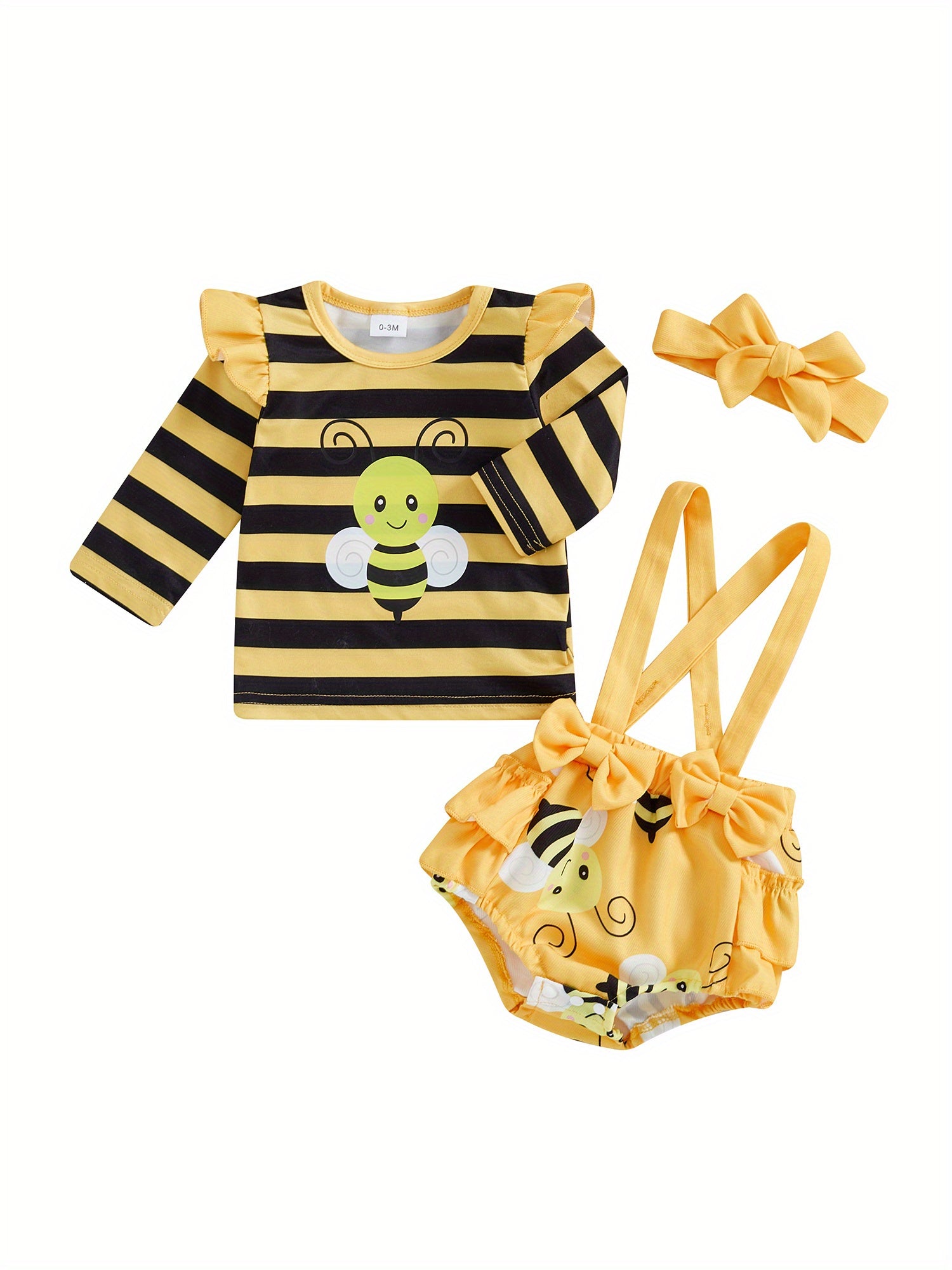 Baby Girl Fall Outfits Stripe Bee Print Long Sleeve Romper Suspender Shorts Headband 3Pcs Clothes Set 0 3 6 12 18 Months