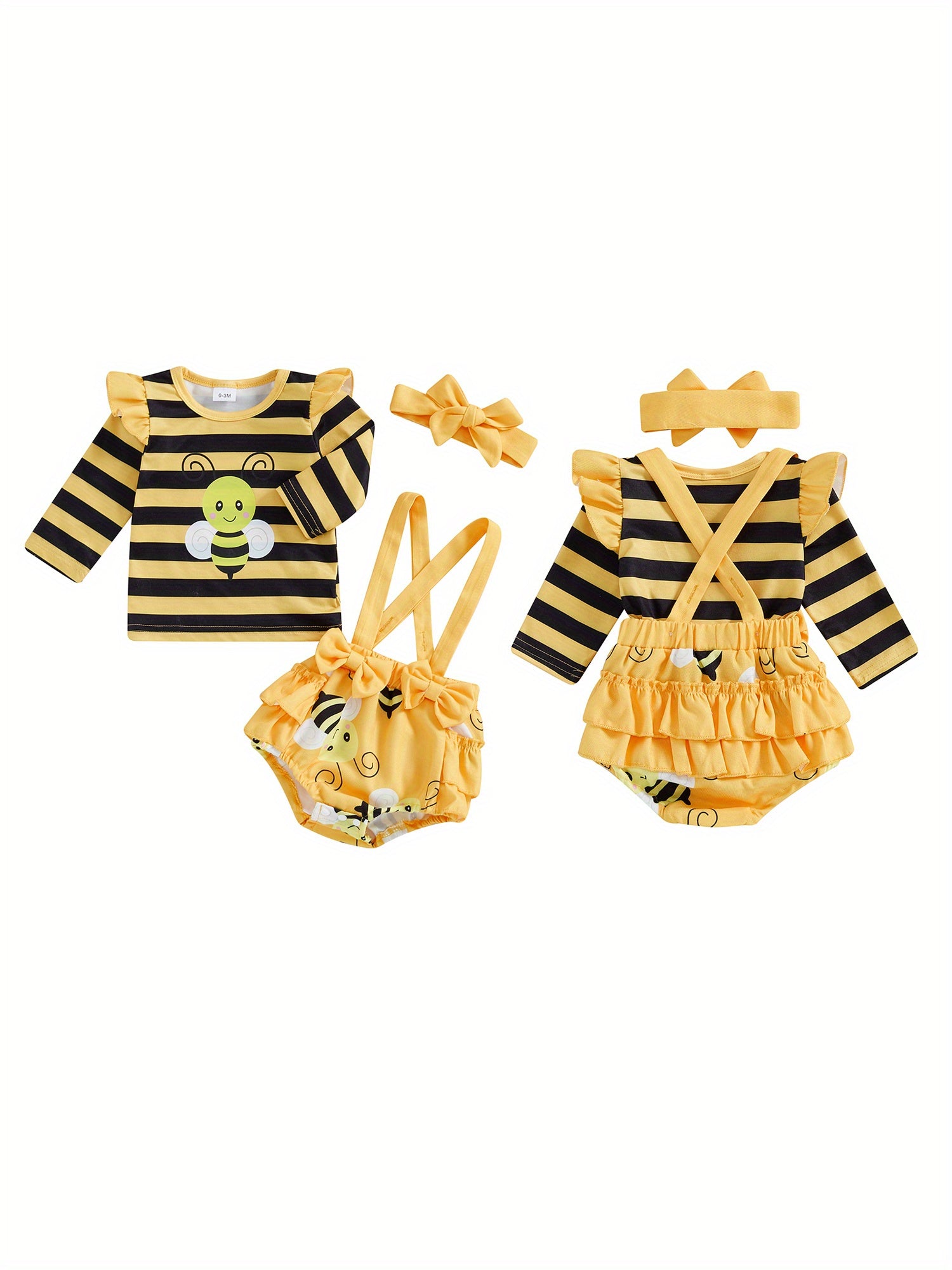 Baby Girl Fall Outfits Stripe Bee Print Long Sleeve Romper Suspender Shorts Headband 3Pcs Clothes Set 0 3 6 12 18 Months