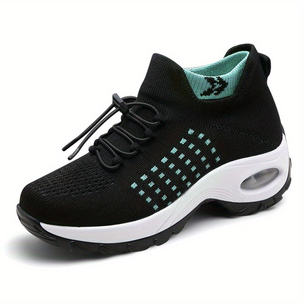 Women's Breathable Mesh Walking Shoes with Air Cushion - Comfortable Slip-On Sneakers, Black & Teal, Orthopedic Support for Nursing & Casual Wear, Ladies Shoes