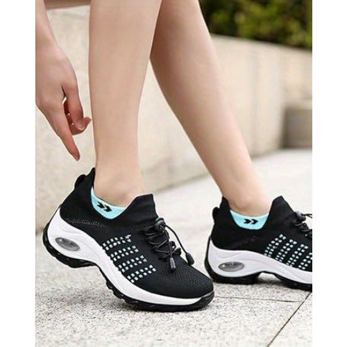 Women's Breathable Mesh Walking Shoes with Air Cushion - Comfortable Slip-On Sneakers, Black & Teal, Orthopedic Support for Nursing & Casual Wear, Ladies Shoes