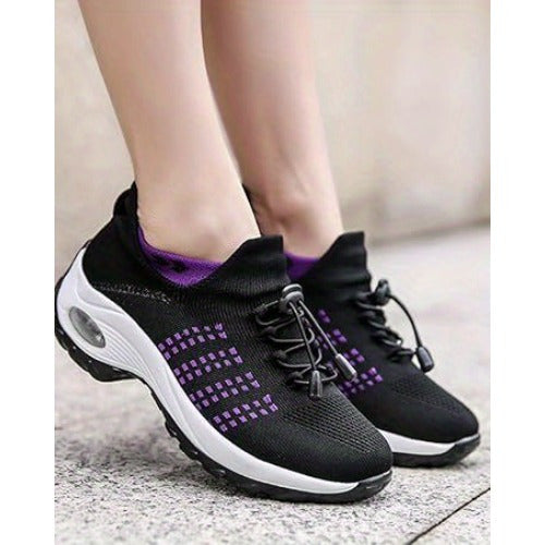 Women's Breathable Mesh Walking Shoes with Air Cushion - Comfortable Slip-On Sneakers, Black & Teal, Orthopedic Support for Nursing & Casual Wear, Ladies Shoes