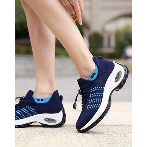 Women's Breathable Mesh Walking Shoes with Air Cushion - Comfortable Slip-On Sneakers, Black & Teal, Orthopedic Support for Nursing & Casual Wear, Ladies Shoes