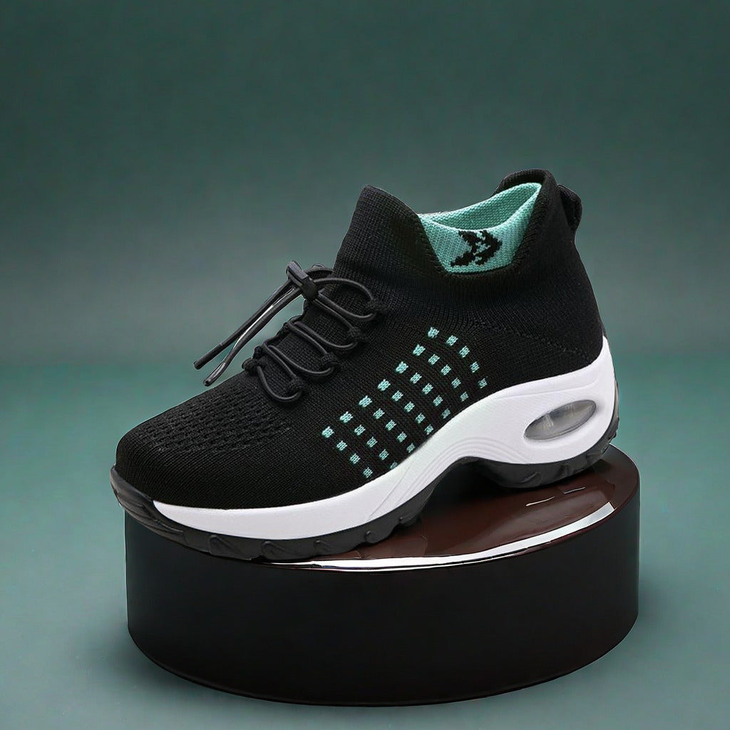 Women's Breathable Mesh Walking Shoes with Air Cushion - Comfortable Slip-On Sneakers, Black & Teal, Orthopedic Support for Nursing & Casual Wear, Ladies Shoes