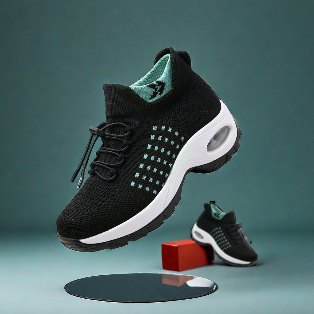 Women's Breathable Mesh Walking Shoes with Air Cushion - Comfortable Slip-On Sneakers, Black & Teal, Orthopedic Support for Nursing & Casual Wear, Ladies Shoes