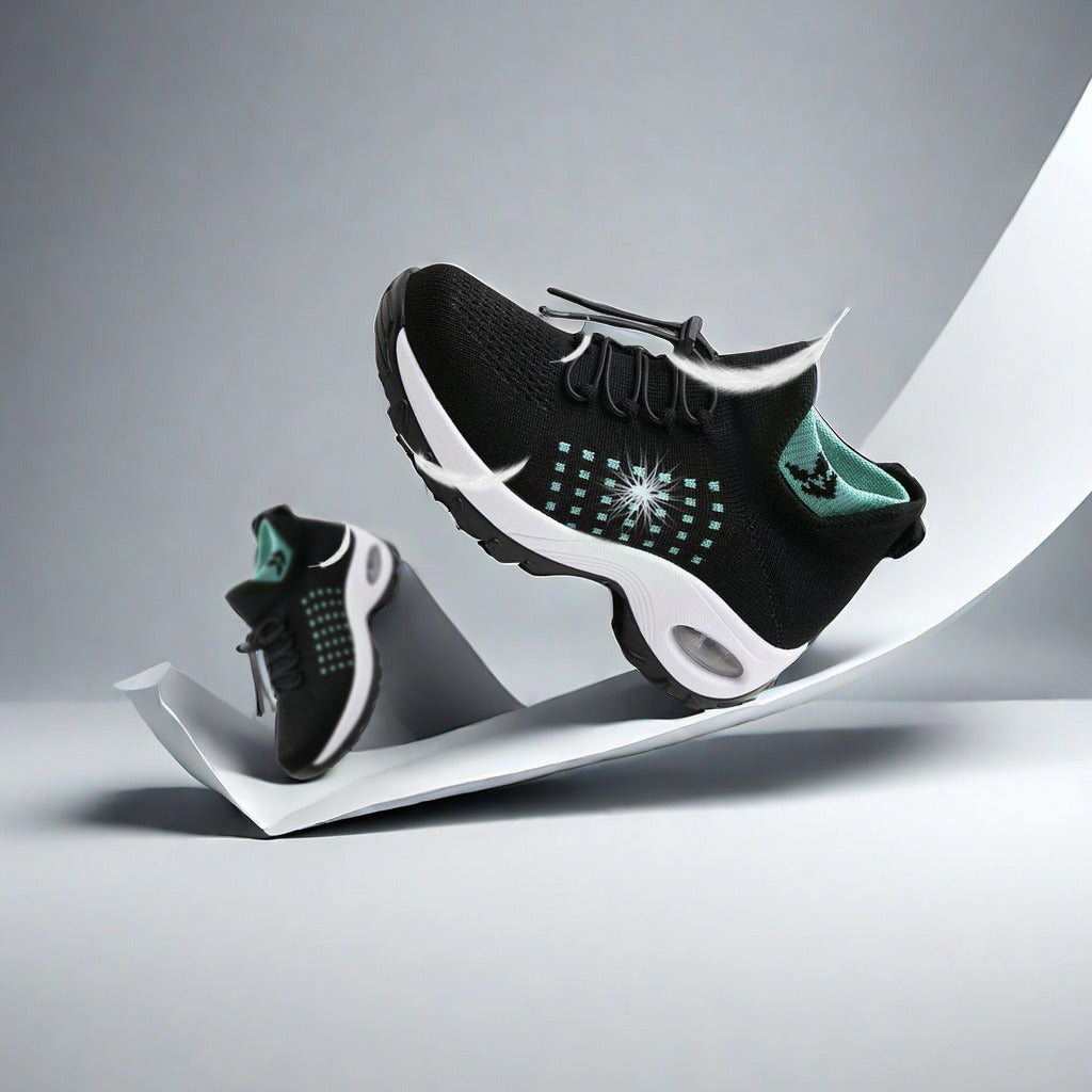 Women's Breathable Mesh Walking Shoes with Air Cushion - Comfortable Slip-On Sneakers, Black & Teal, Orthopedic Support for Nursing & Casual Wear, Ladies Shoes
