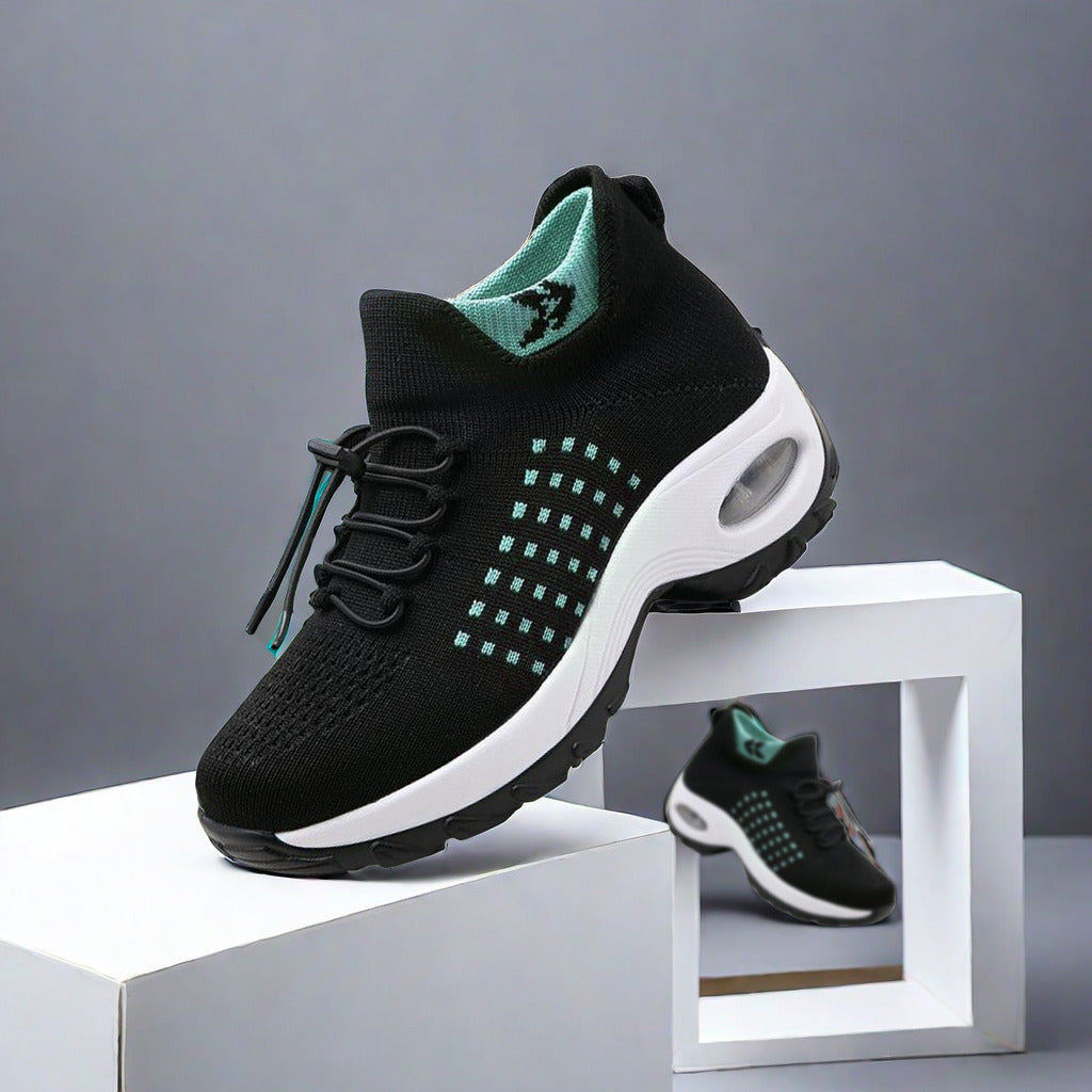 Women's Breathable Mesh Walking Shoes with Air Cushion - Comfortable Slip-On Sneakers, Black & Teal, Orthopedic Support for Nursing & Casual Wear, Ladies Shoes
