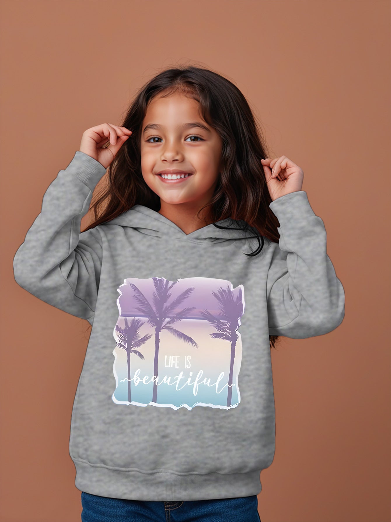 Kids' Fashion Hoodie with "Life Is Beautiful" Palm Print - Casual Knit Fabric Pullover for Ages 12 and Under, 100% Polyester, Regular Fit, Hooded, Slight Stretch, Fall/Winter Collection