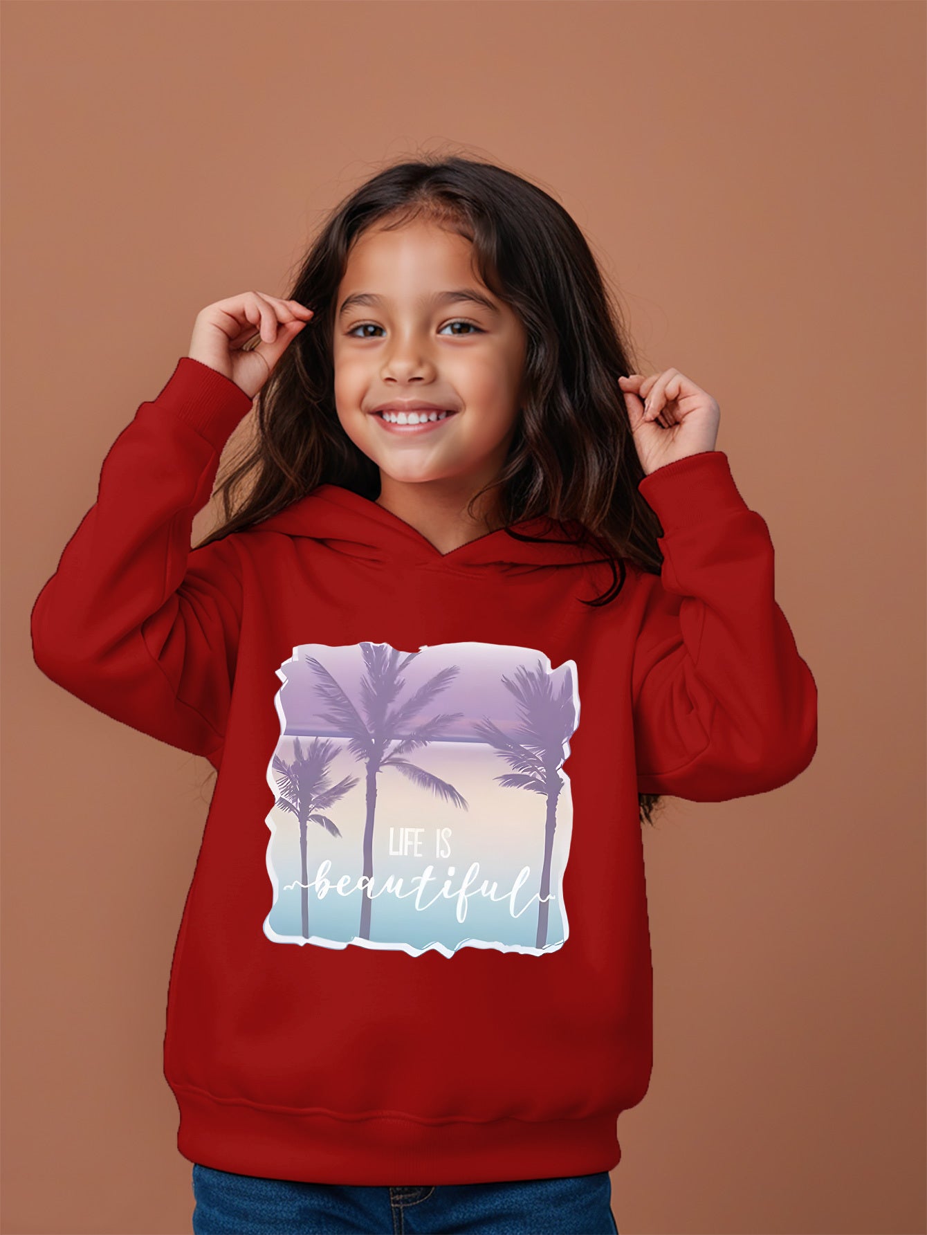 Kids' Fashion Hoodie with "Life Is Beautiful" Palm Print - Casual Knit Fabric Pullover for Ages 12 and Under, 100% Polyester, Regular Fit, Hooded, Slight Stretch, Fall/Winter Collection