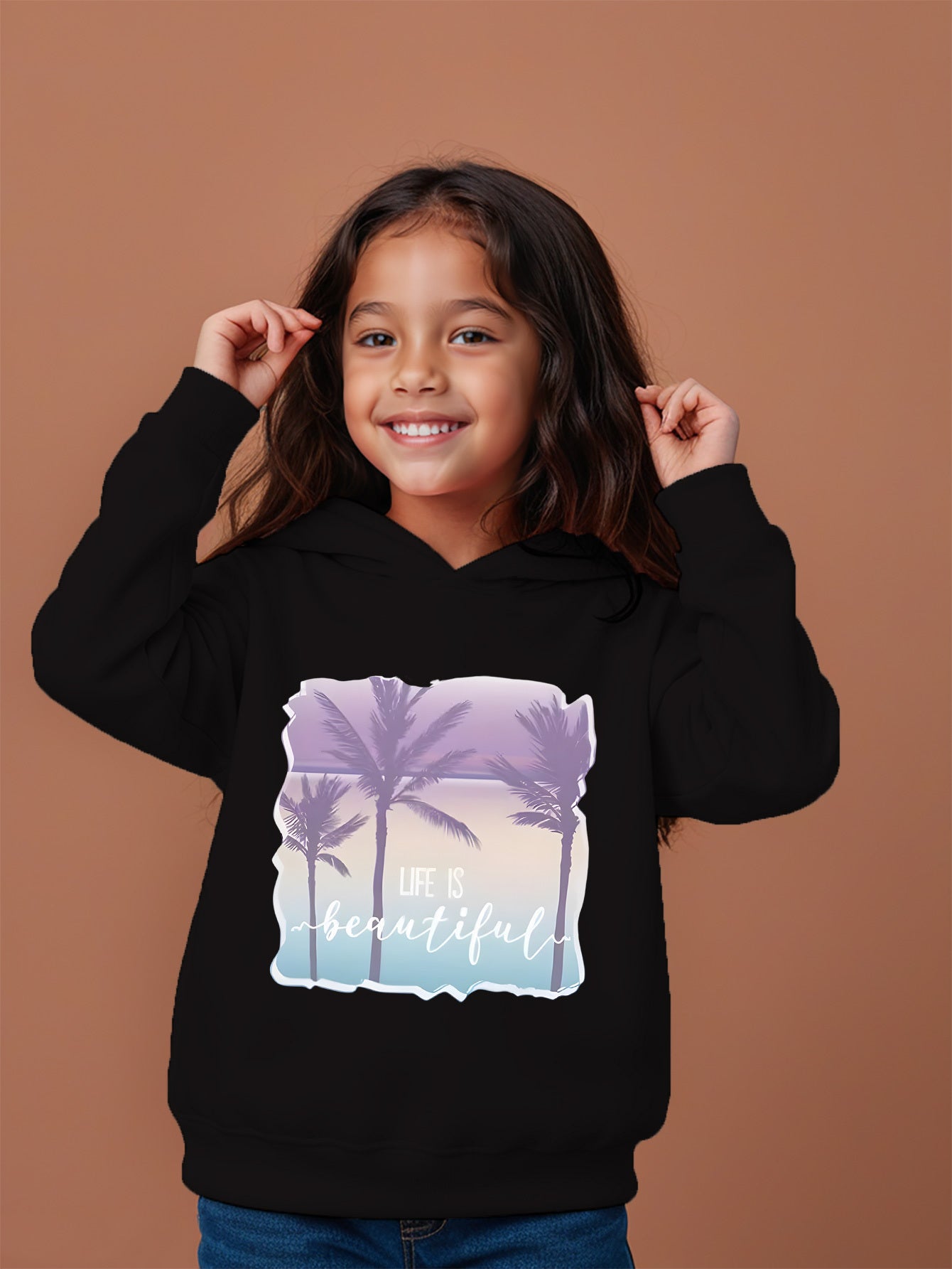 Kids' Fashion Hoodie with "Life Is Beautiful" Palm Print - Casual Knit Fabric Pullover for Ages 12 and Under, 100% Polyester, Regular Fit, Hooded, Slight Stretch, Fall/Winter Collection