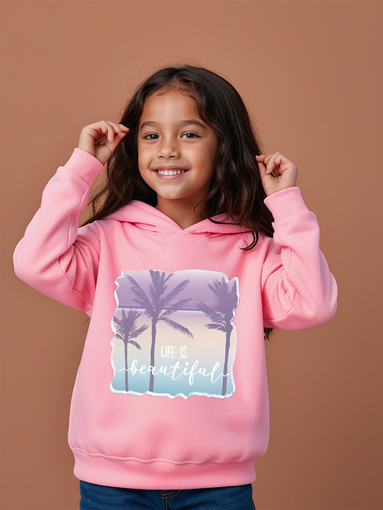 Kids' Fashion Hoodie with "Life Is Beautiful" Palm Print - Casual Knit Fabric Pullover for Ages 12 and Under, 100% Polyester, Regular Fit, Hooded, Slight Stretch, Fall/Winter Collection