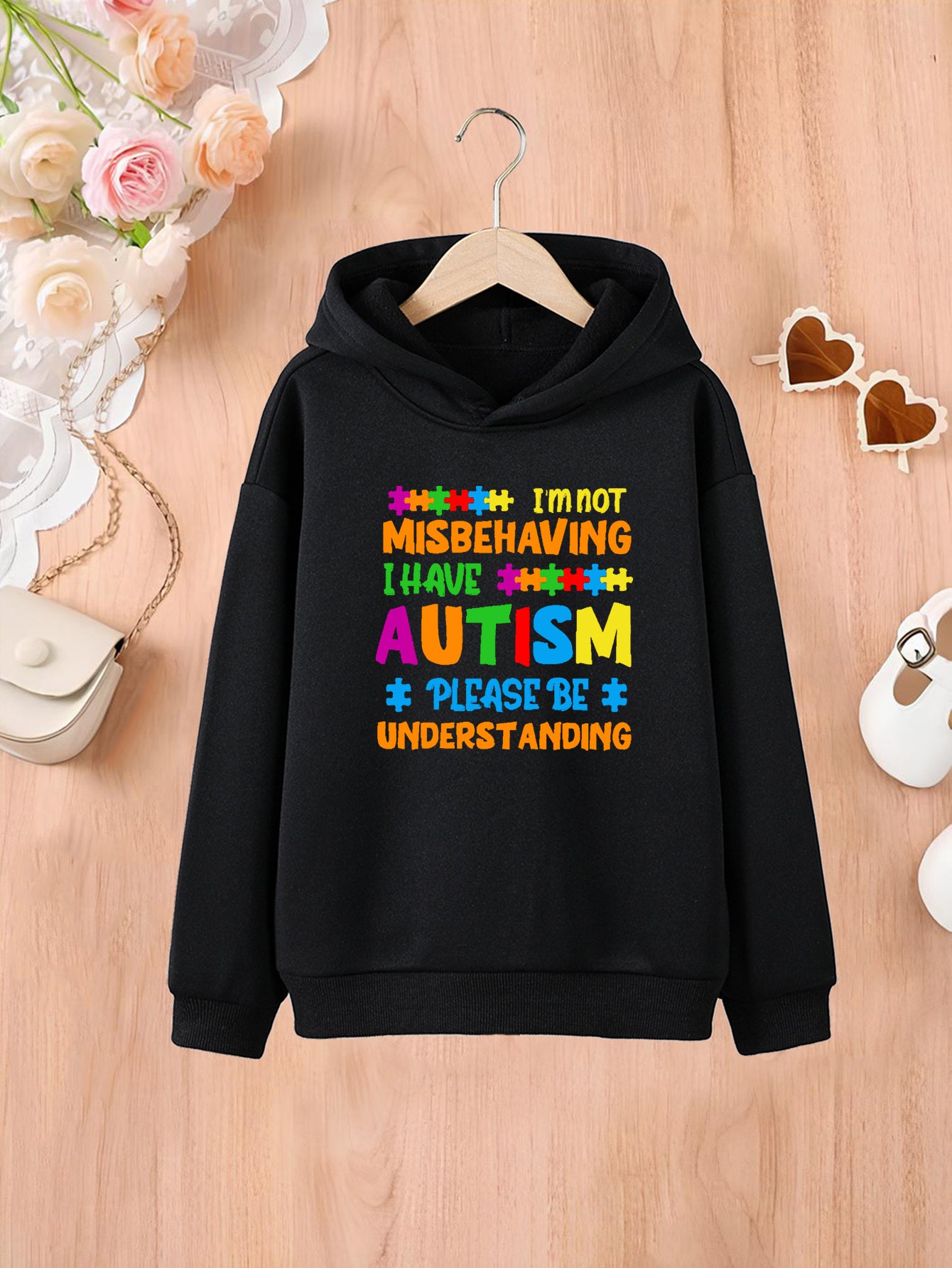 Kids' Fashion Hoodie with Autism Awareness Message, Polyester Knit Fabric, Casual Regular Fit, Hooded Style for Children 12 and Under, Comfortable Slight Stretch Material, Spring/Fall Season – Unisex Pullover with Creative