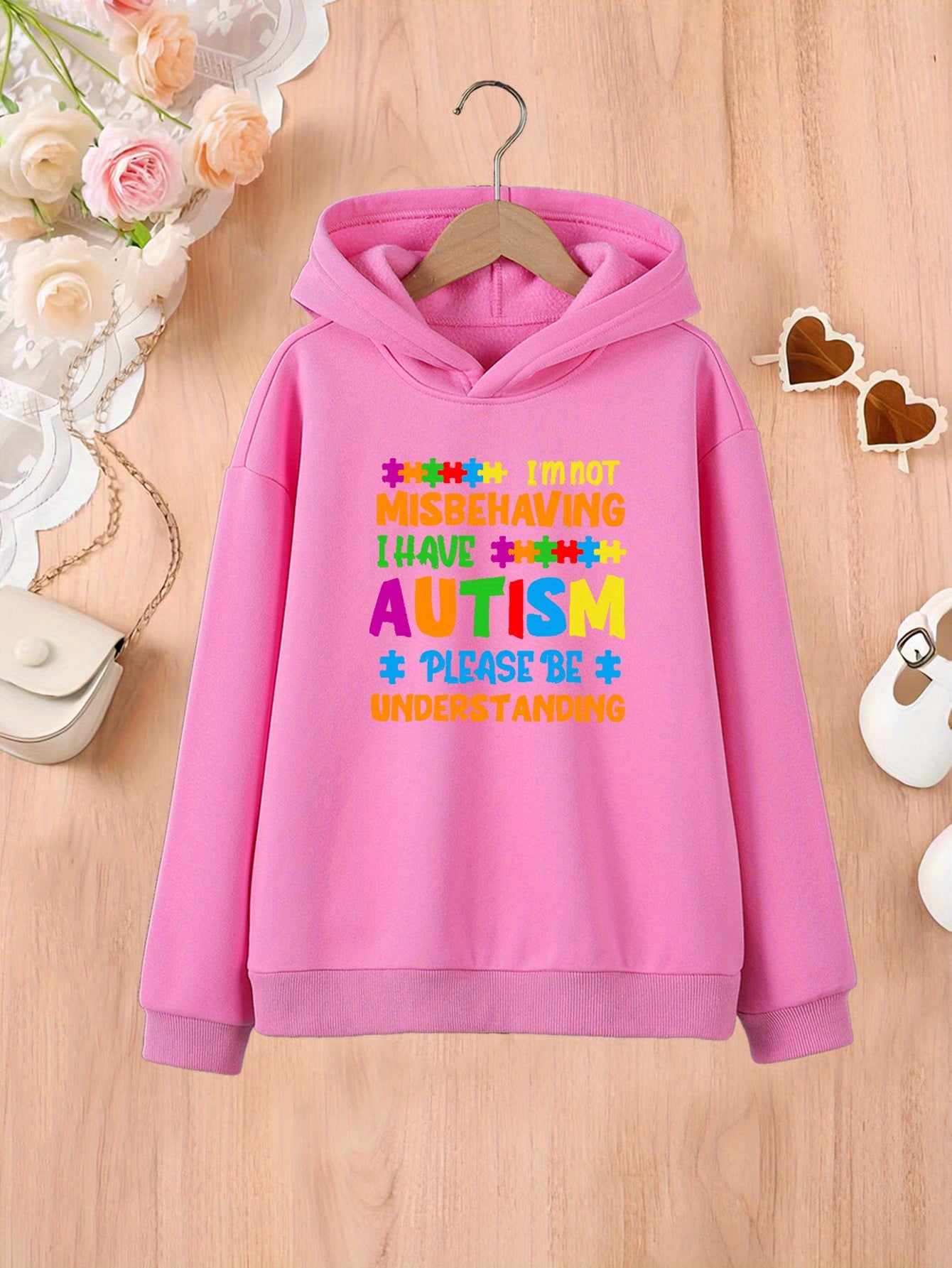 Kids' Fashion Hoodie with Autism Awareness Message, Polyester Knit Fabric, Casual Regular Fit, Hooded Style for Children 12 and Under, Comfortable Slight Stretch Material, Spring/Fall Season – Unisex Pullover with Creative
