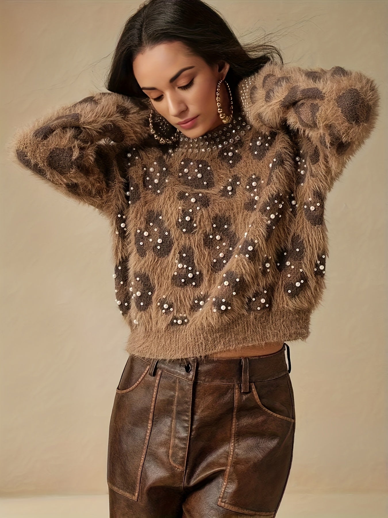 Women's Retro Leopard Print & Rhinestone Sweater - Soft Stretchy Pullover with Pearl Accents, Round Neck Long Sleeve Casual Winter Top for Fall & Winter Outfits